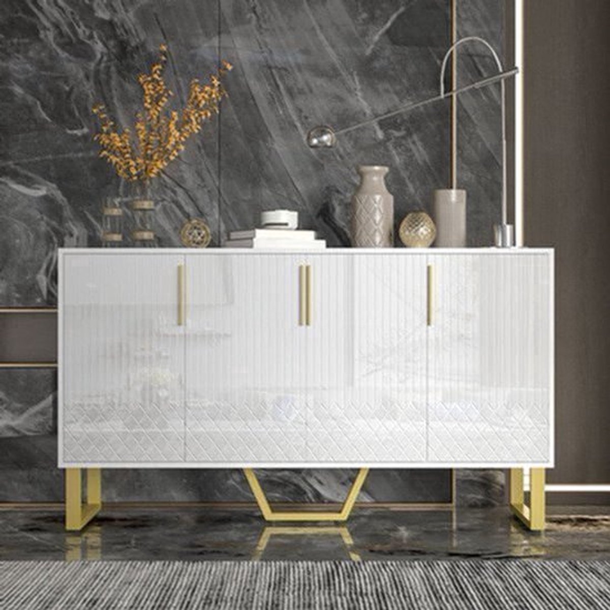 Dressoir – Opbergkast – Ladekast – Commode – Buffetkast – Wit – 4 Deuren – Volledig Gemonteerd – Metalen Handgrepen en Poten