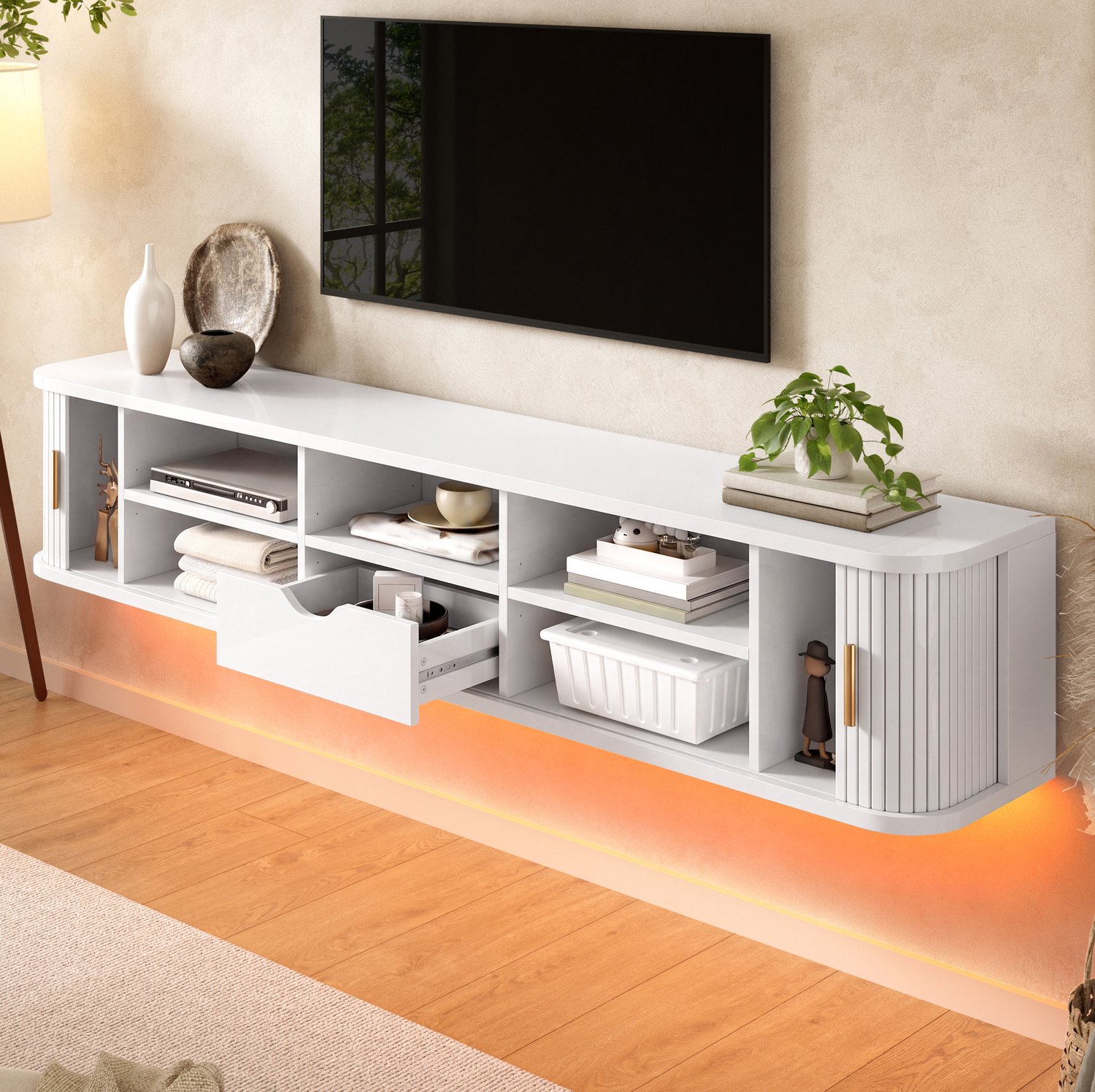STILVORA Tv-Meubel - Wandhangend met Schuifdeuren, Lade en Verstelbare Planken - Ledverlichting voor Woonkamer - MDF - Wit - 175x30x30 cm