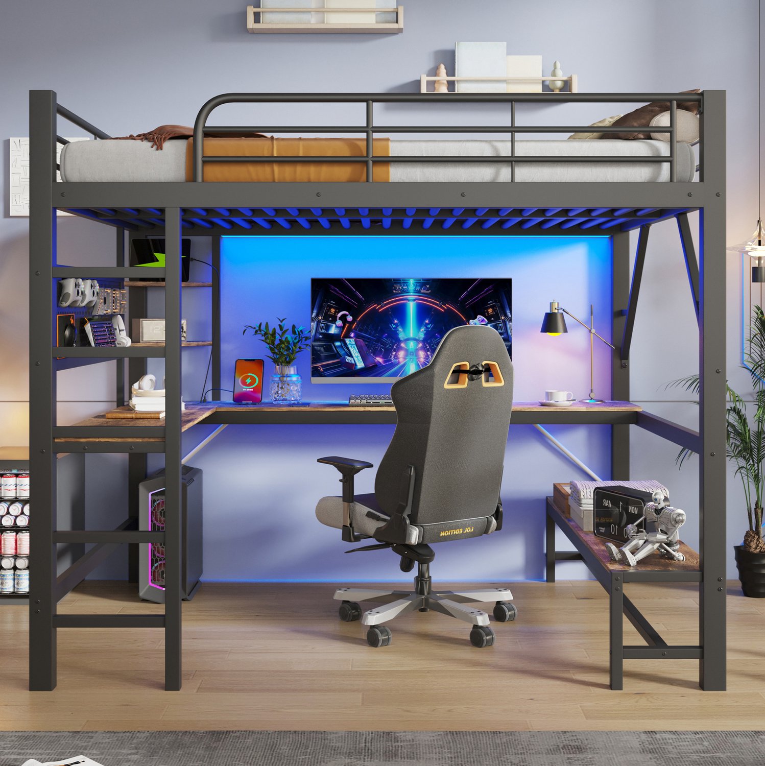 MODFU Hoogslaper Met Bureau En Opbergruimte - Metaal En MDF - Zwart - 160 X 200 Cm