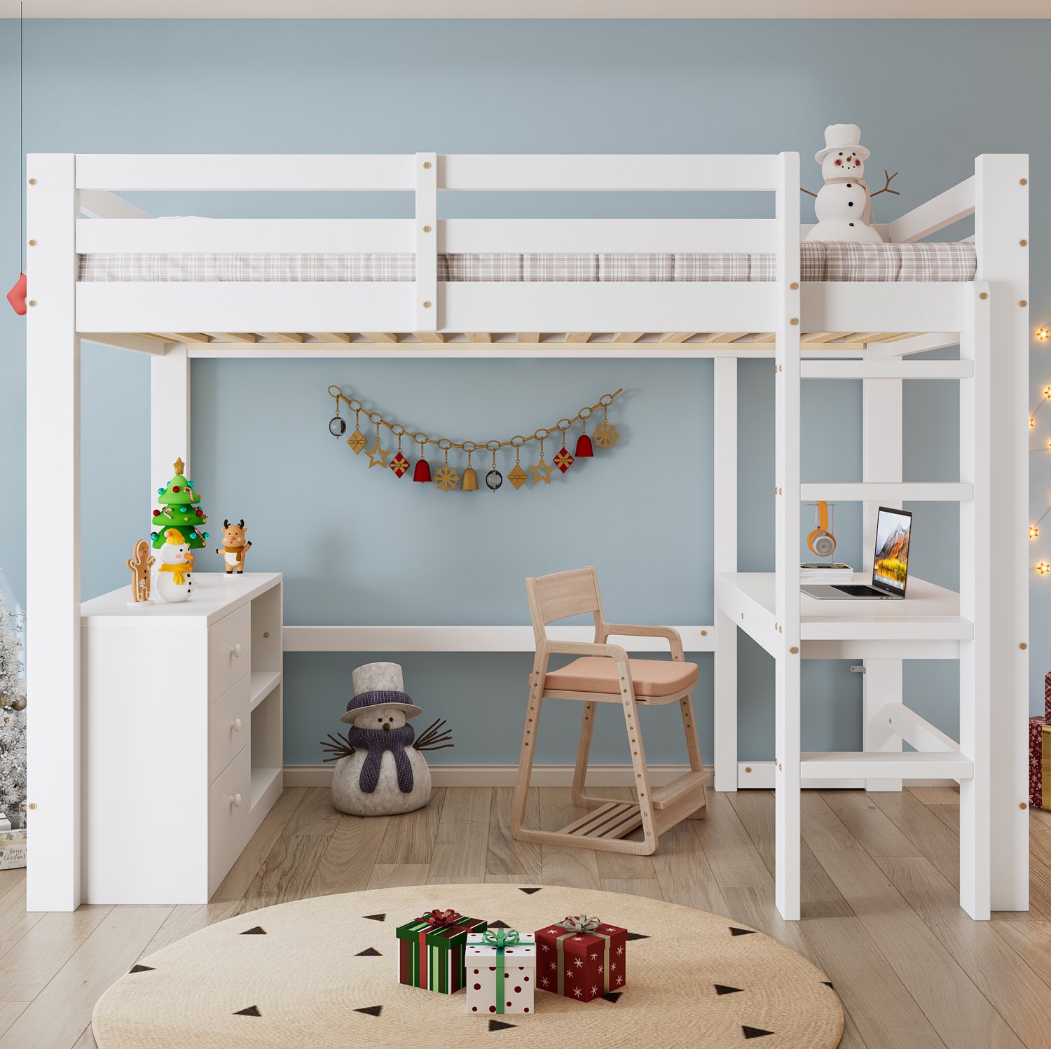 Maisentiel Witte kinderhoogslaper 90 x 200 cm met bureau, ladekast en opbergrek