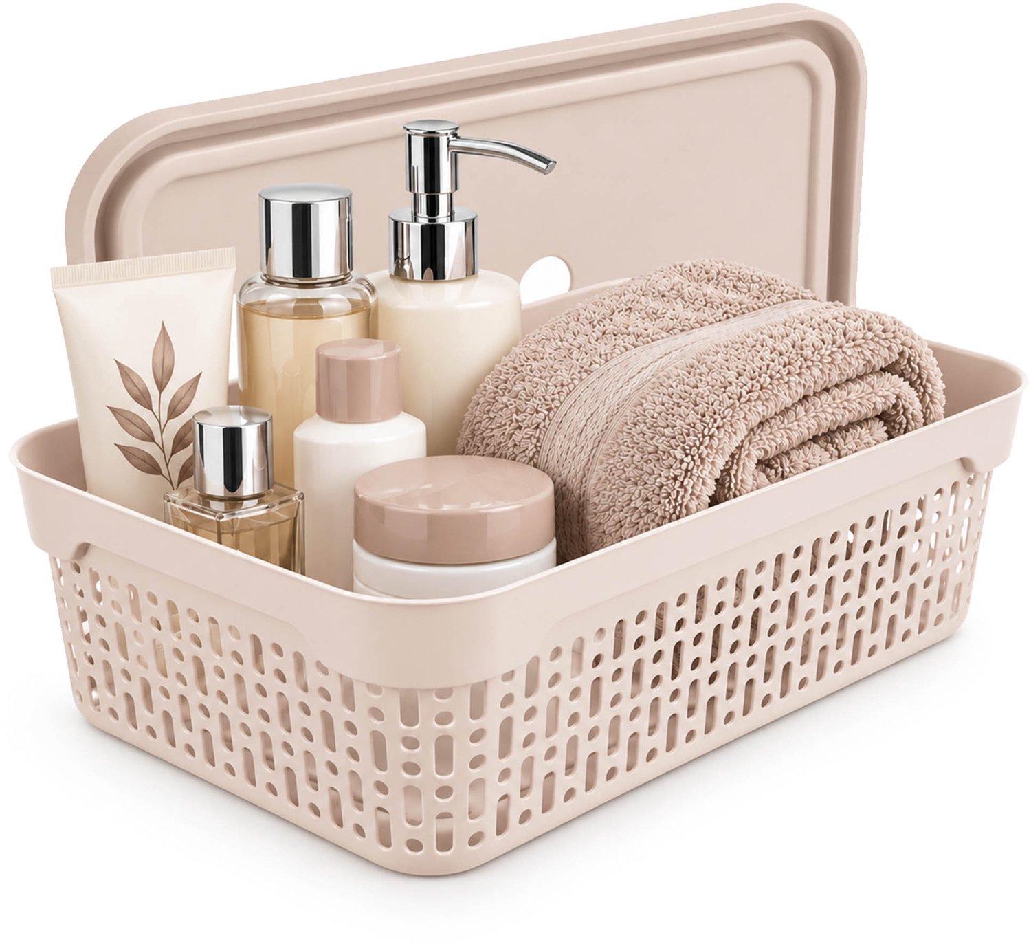 KADAX opbergdoos met deksel, 30 x 20 x 9 cm, opbergmand, stapelbare kunststof doos, opbergdoos van kunststof, opbergdoos voor plank en kast, beige