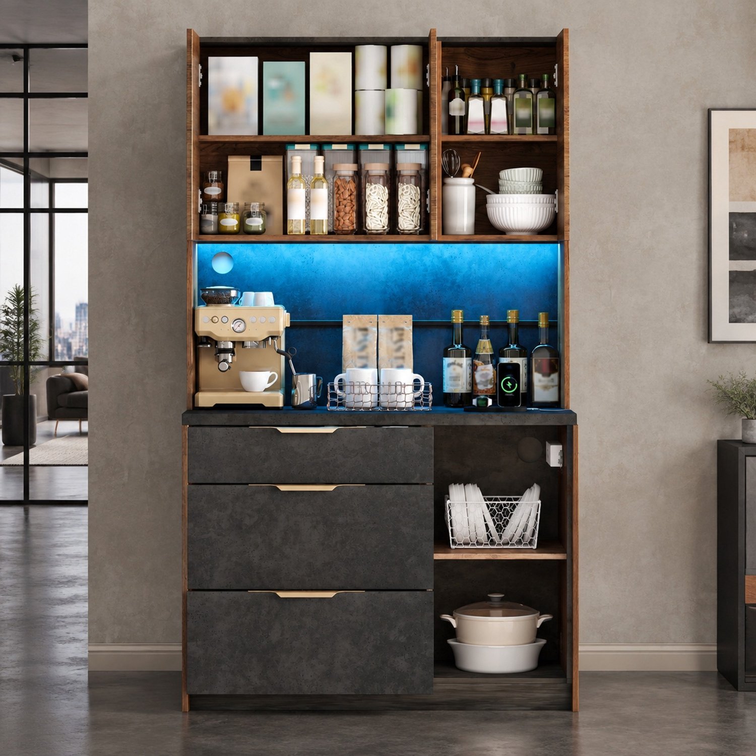 HAUSS SPOLE Keukenkast - Hoge Kast Met Ledverlichting En Stopcontacten - 4 Deuren En 3 Laden Voor Keuken En Eetkamer - MDF - Naturel - 100x40x180 Cm