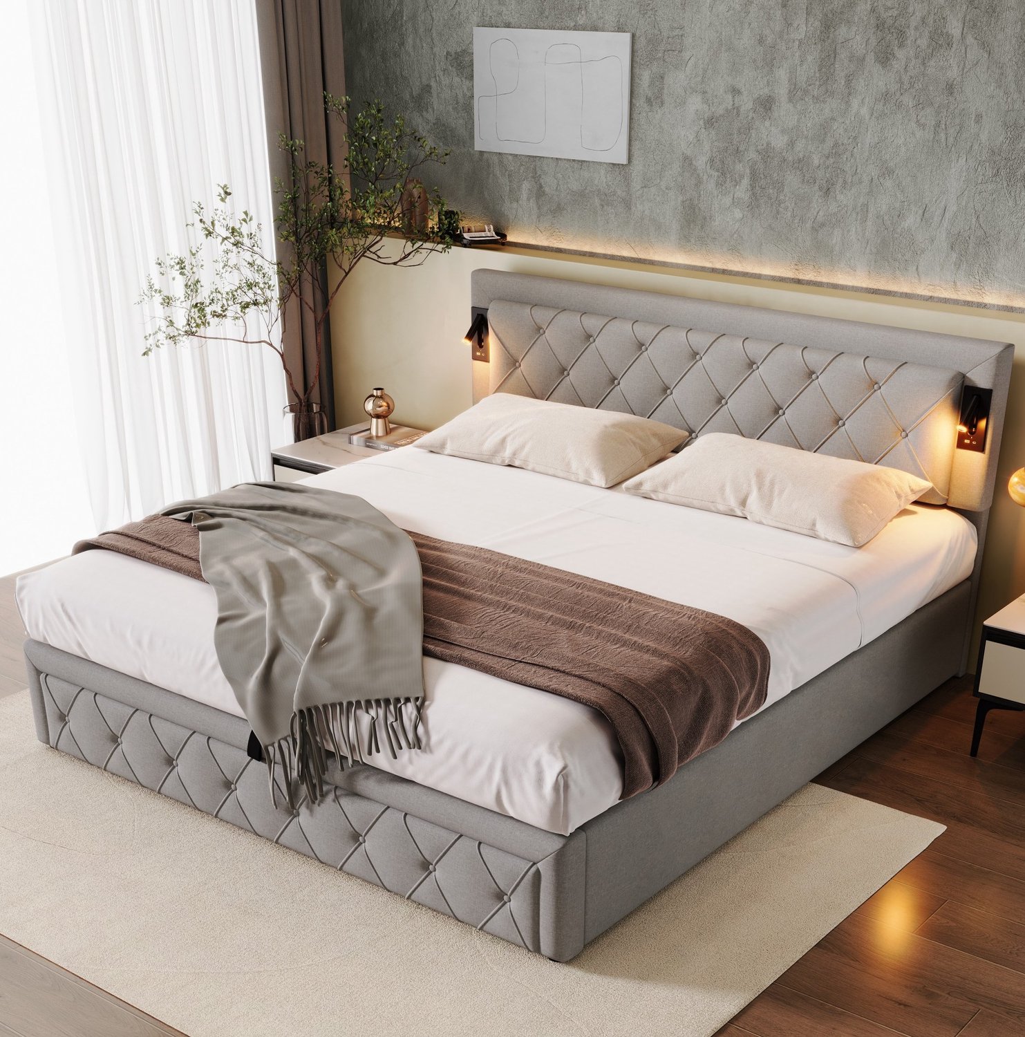 Maisentiel Gestoffeerd tweepersoonsbed 180 x 200 cm - grijs - opbergruimte, verlichting en USB