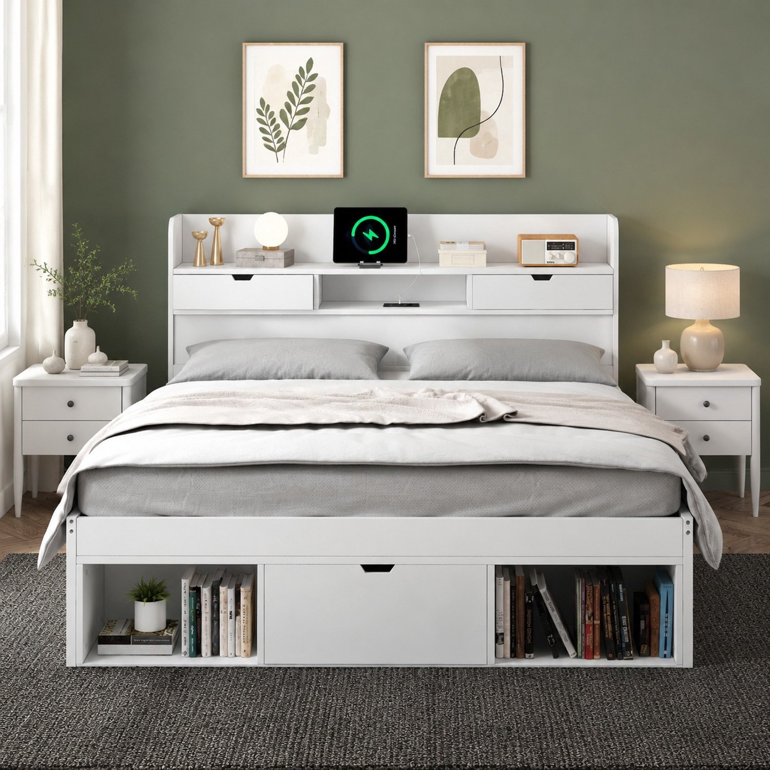 Maisentiel Wit bed voor matras 140 x 200 cm met opbergruimte, USB en lattenbodem