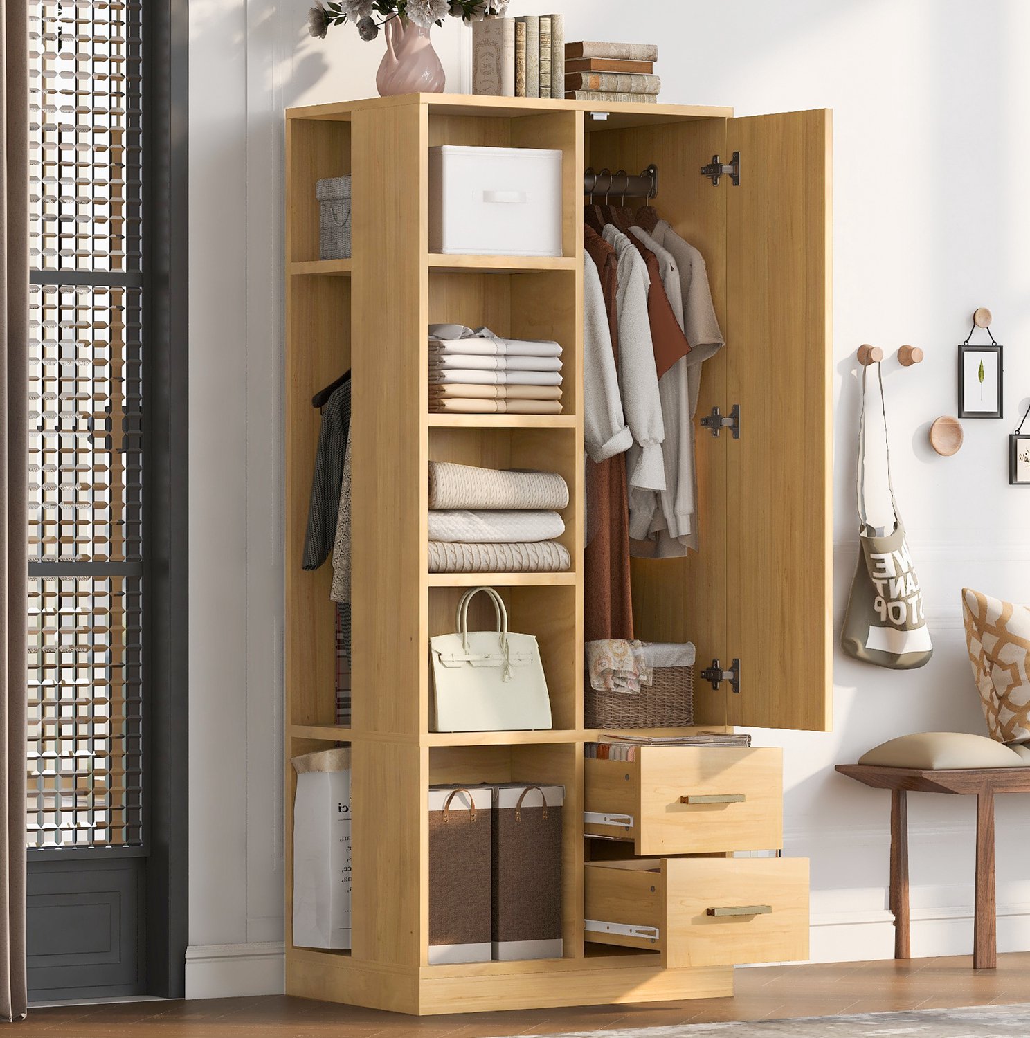 REDOM Kledingkast 70x50x170 cm - 1 deur, 2 lades en 2 kledingroedes - Open vakken - Houtkleur Natuurlijke houtkleur