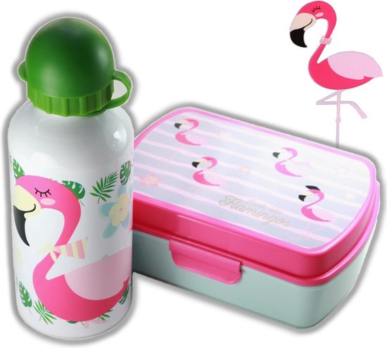 Uil moord Theseus Flamingo broodtrommel + aluminium drinkfles wit | Lunchbox meisje LS10 |  bol.com