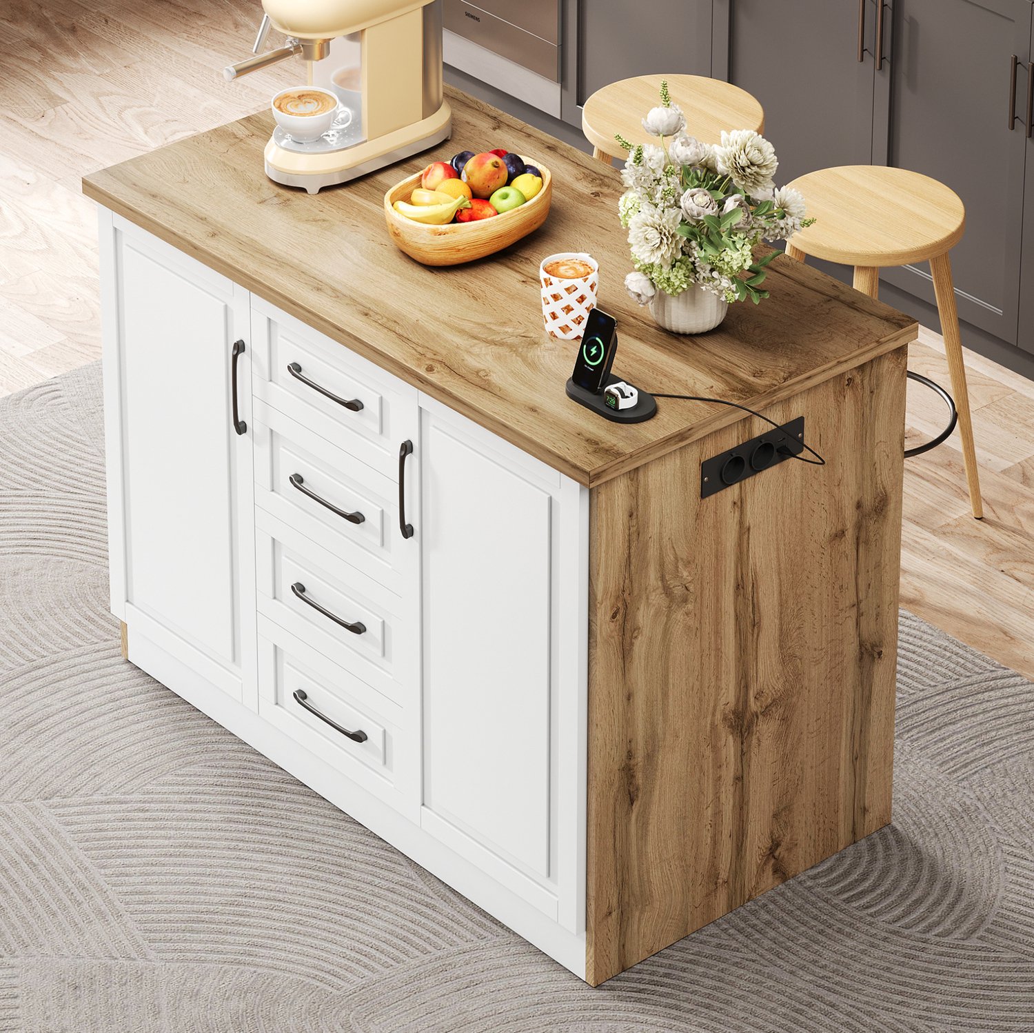 HAUSS SPOLE Keukeneiland - 4 Lades En Verstelbare Legplanken - Stopcontacten Voor Keuken En Eetkamer - MDF - Naturel En Wit - 120 x 60 x 90 cm