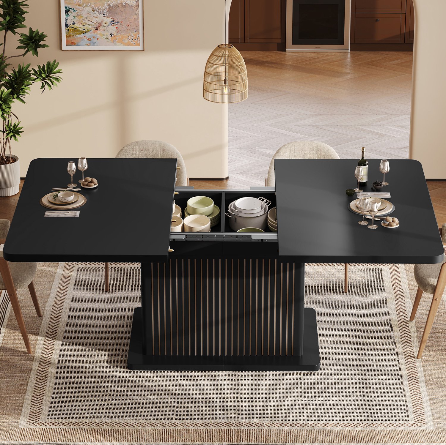 HAUSS SPOLE Eettafel - Uitschuifbaar Met Verborgen Opbergruimte - Voor Eetkamer En Werkplek - MDF En Metaal - Zwart - 120-160x80x76 Cm