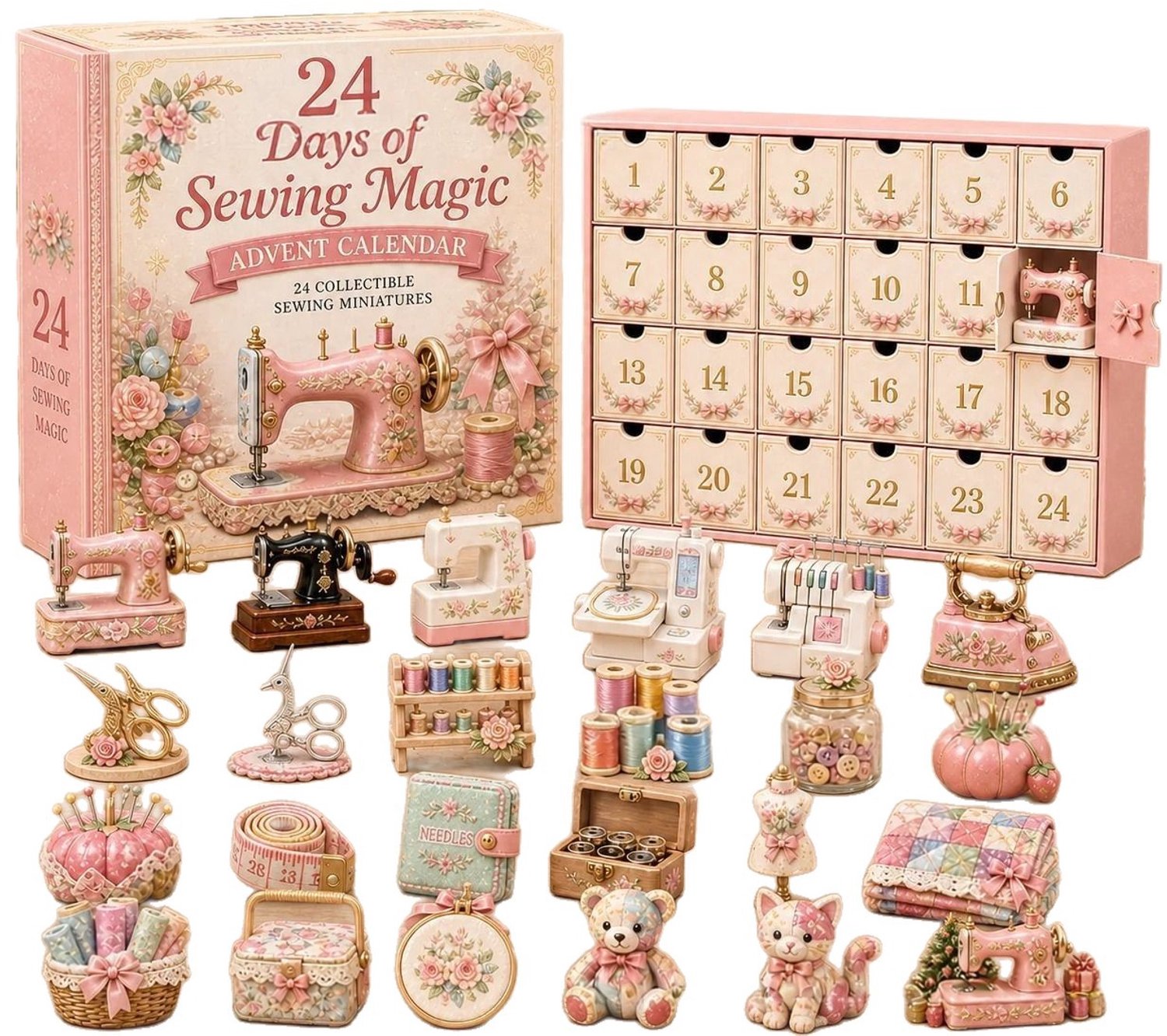 Mrilary Kerstadventskalender – “Naaimagie” – Aftelkalender Van 24 Dagen – Inclusief 24 Platte Acrylornamenten Met Een Naaimachinethema – Perfect Voor Naai- En Knutselliefhebbers roze
