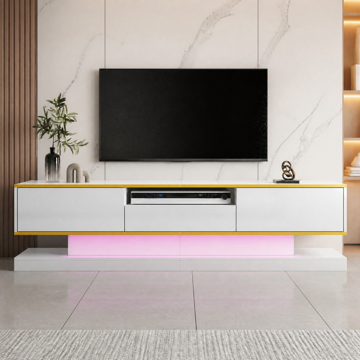 Maisentiel Tv-meubel met 3 lades en open vak – wit en goud – ledverlichting – 180 cm