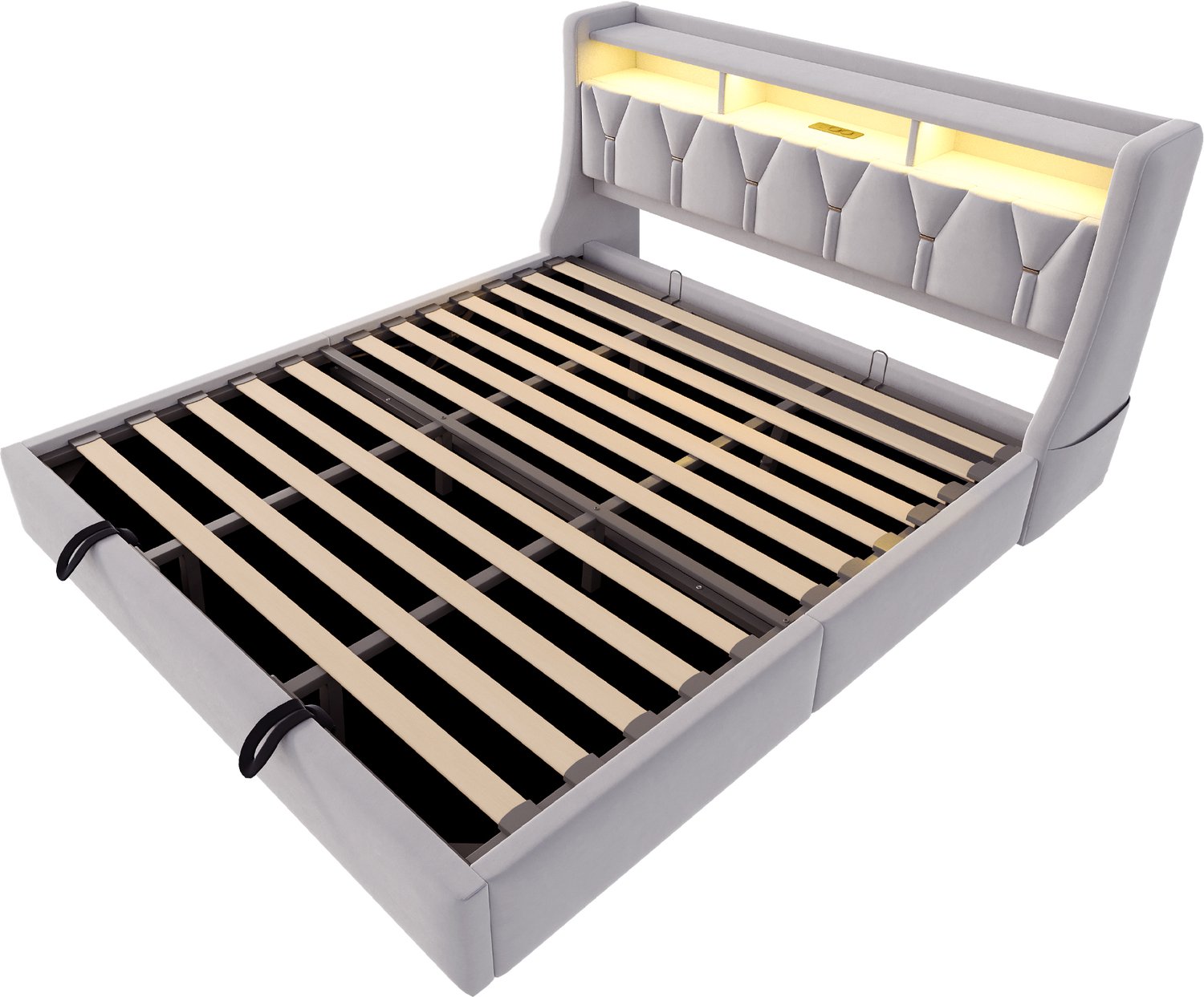 MUVANO Gestoffeerd bed 180x200 - Tweepersoons opbergbed - Hydraulische opbergruimte - LED en USB-C - Fluweel - Opklapbaar hoofdbord - Lichtgrijs