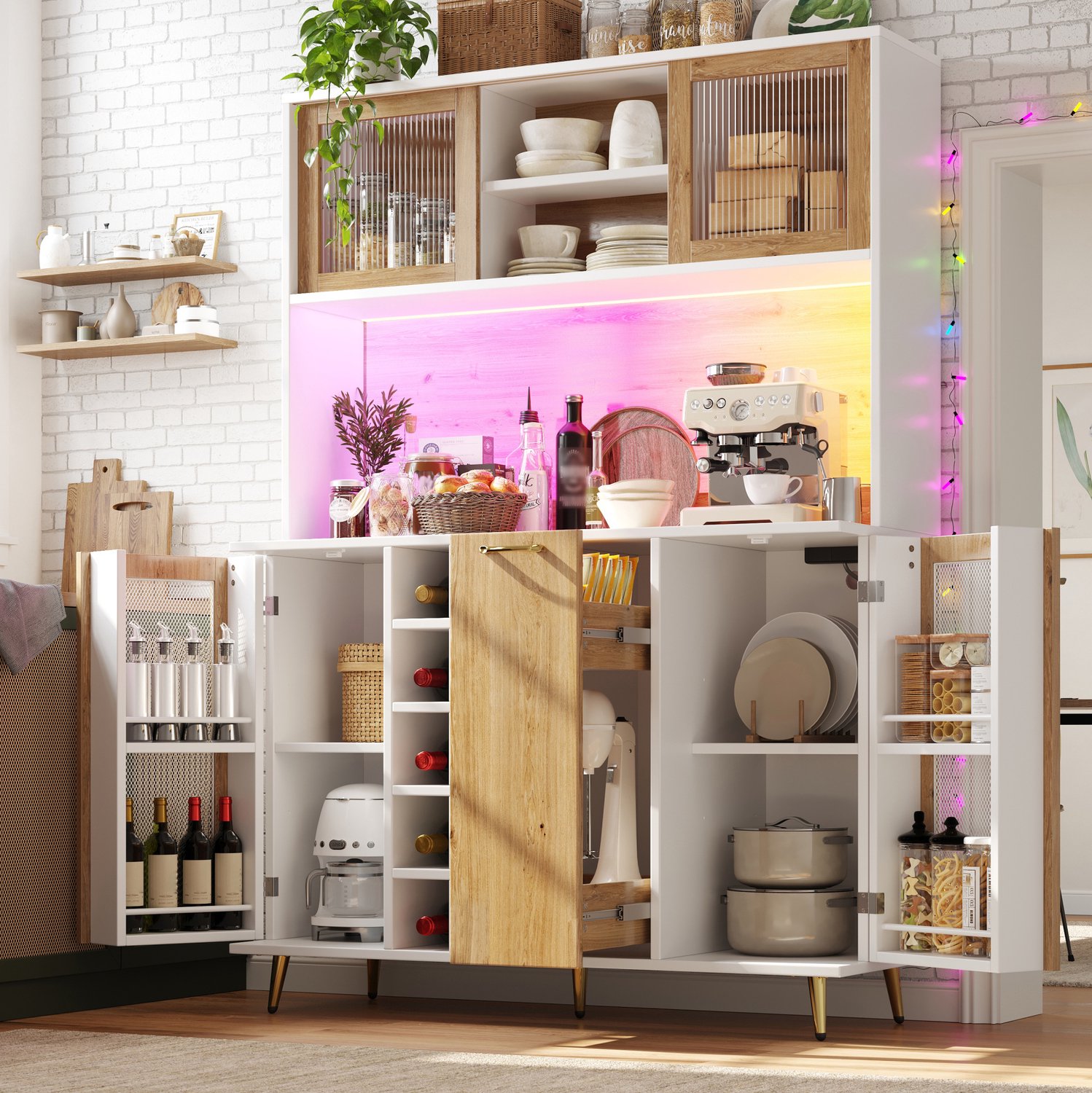 Maisentiel Keukenkast 120 x 40 x 180 cm - Wit met houtdecor - Wijnrek, lade en LED-verlichting