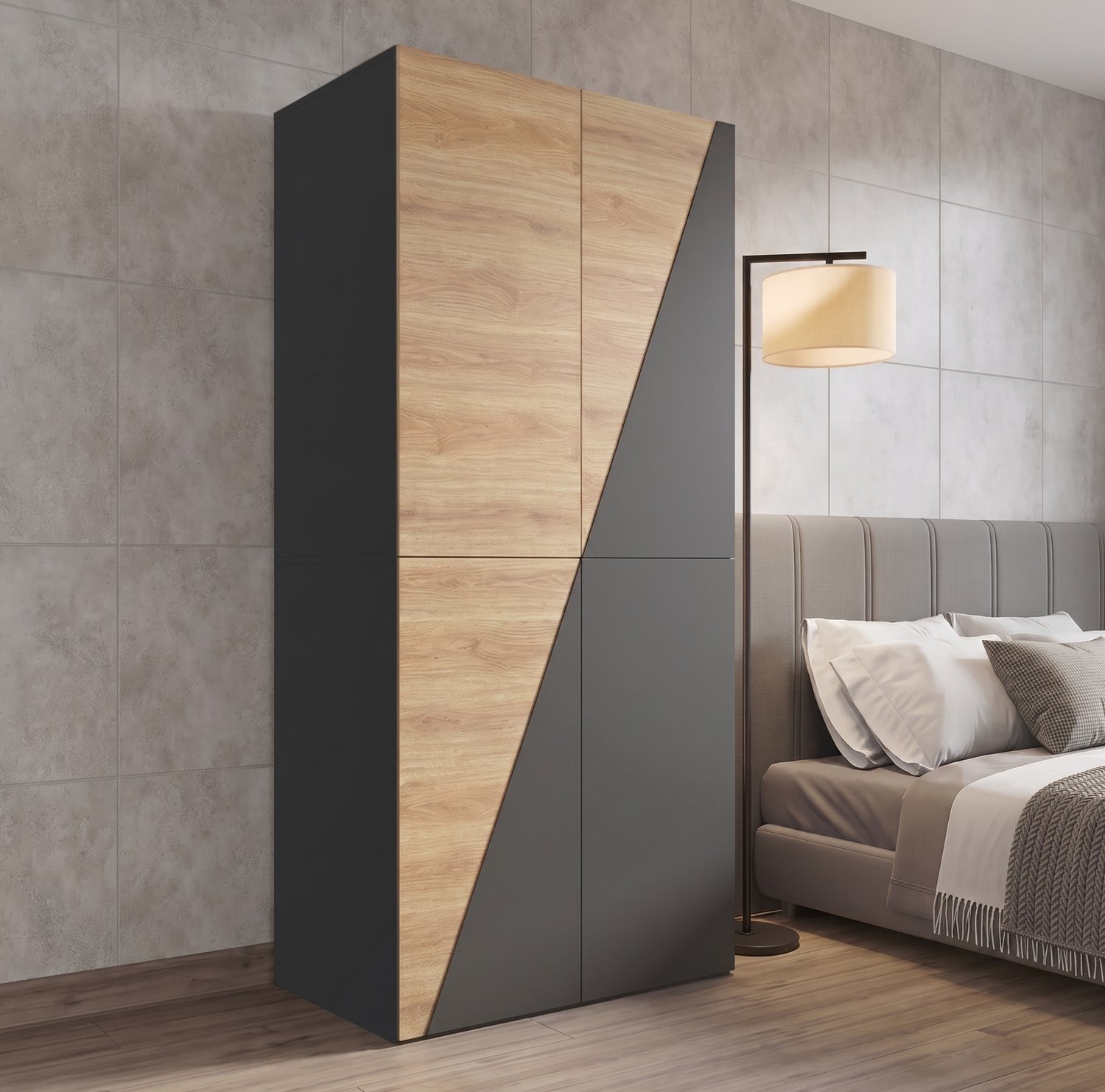 Wishdor Kledingkast met draaideuren - 1 kledingstang en broekenhouder - Opbergbox en 2 laden - Modern design - Slaapkamer woonkamer kantoor - MDF - Houtkleur en donkergrijs - 90 x 50 x 200 cm