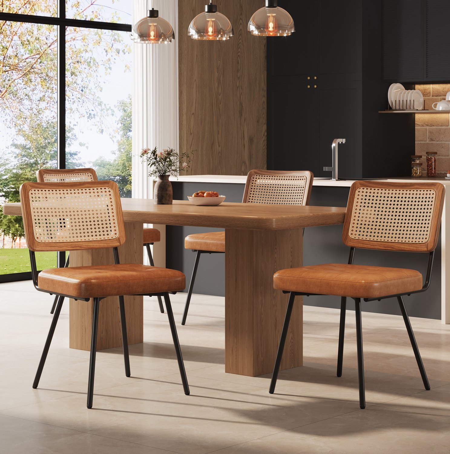 Maisentiel Eetkamerstoelen set van 4 - Bruin kunstleer, PE-rotan rugleuning en metalen poten