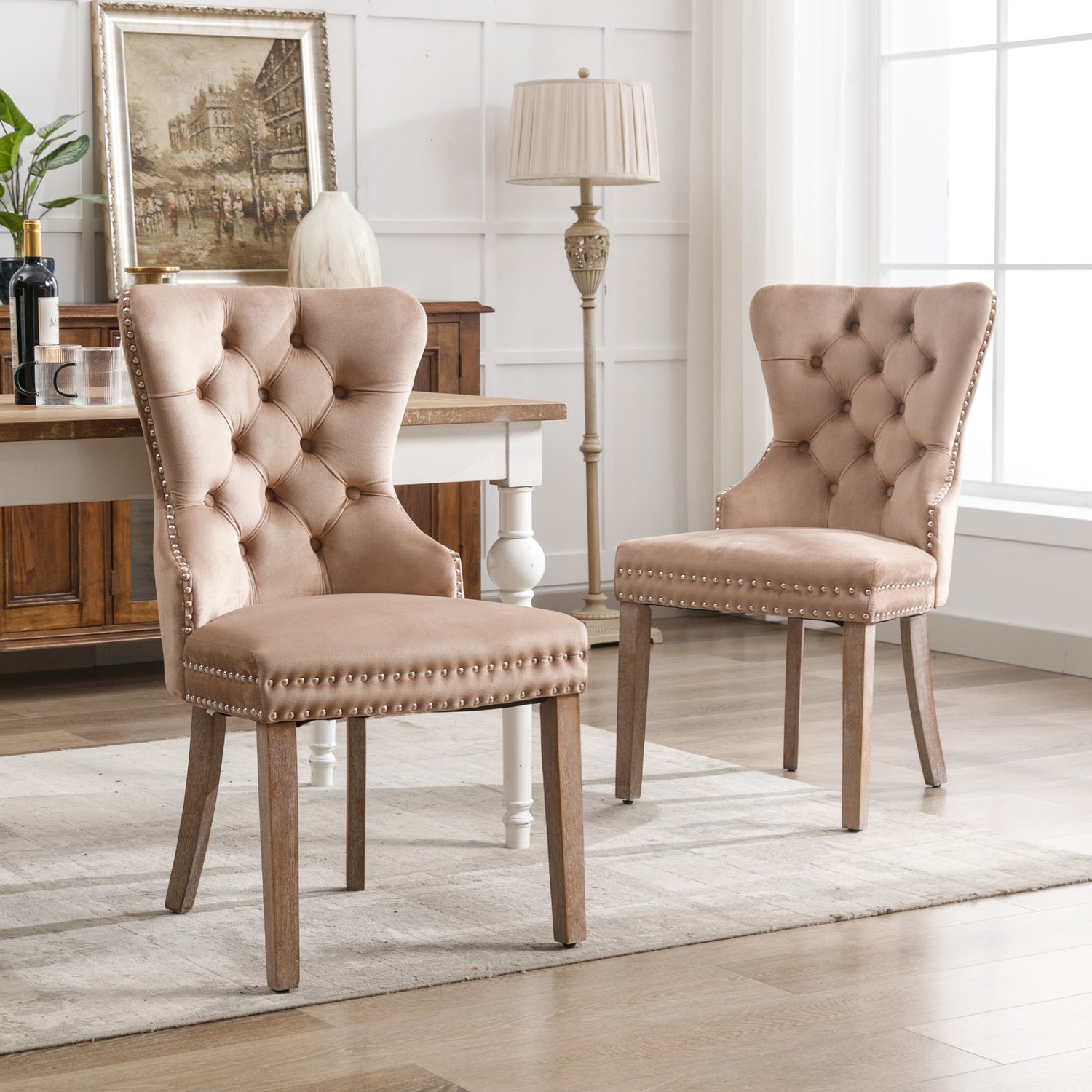 Maisentiel Set van 2 eetkamerstoelen met fluwelen bekleding en houten poten - licht koffiebruin