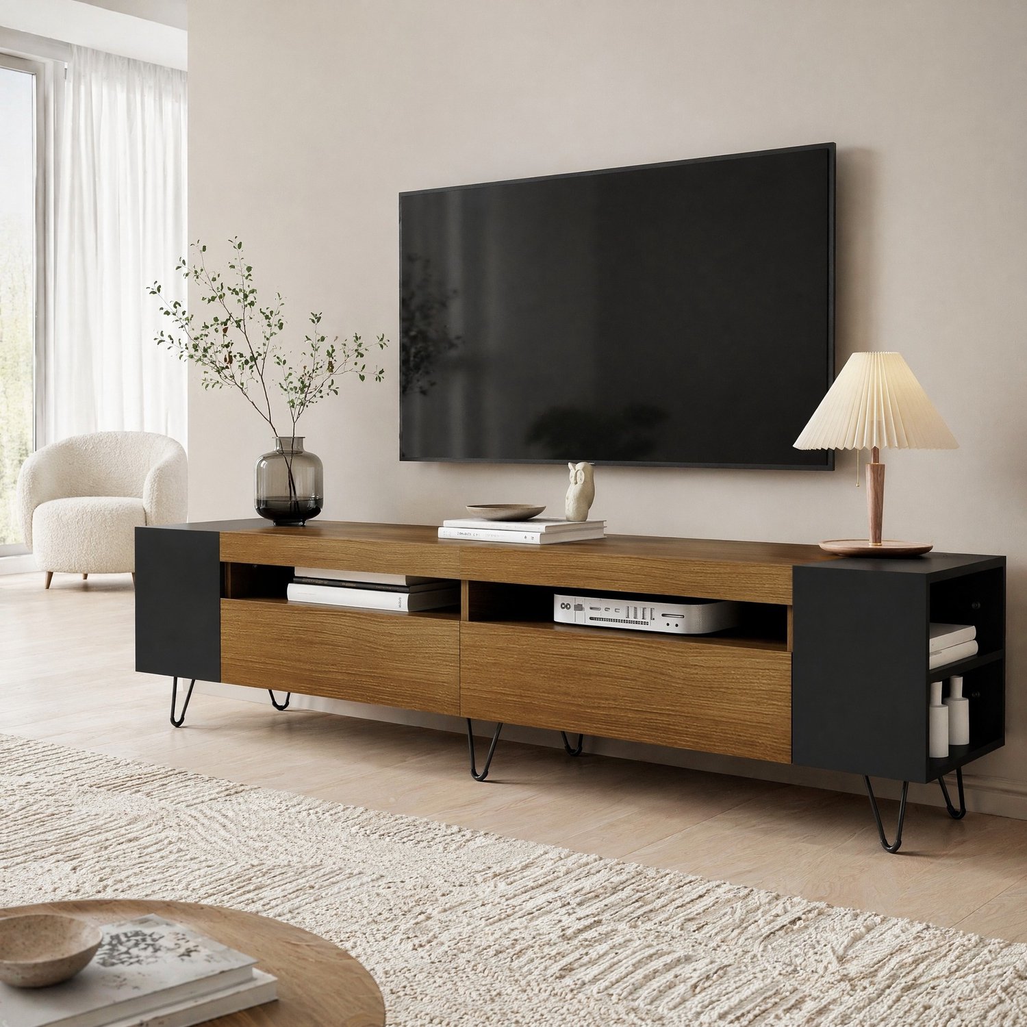 Maisentiel Tv-meubel 180 x 36 x 43 cm - zwart met houtlook - 2 deuren en open vakken