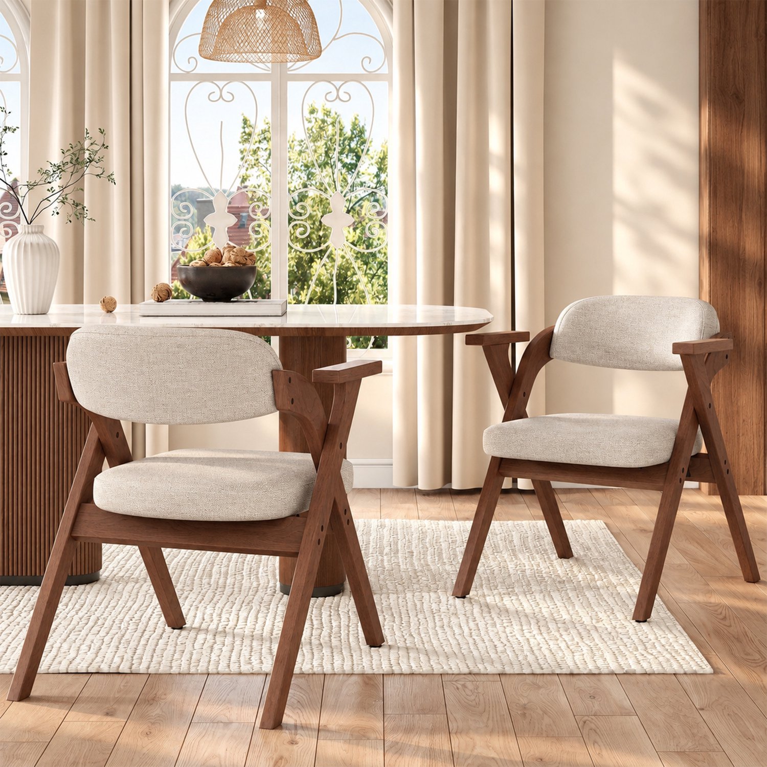Clruro Eetkamerstoelen - 2 Stuks - Inklapbaar met Armleuningen - Hout/Linnen - Walnoot en Beige