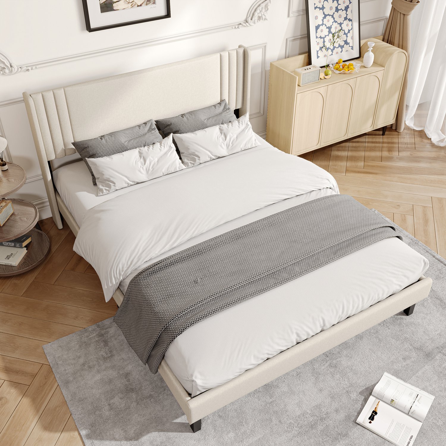 Yelenaro Tweepersoonsbed 140x200 cm, Gestoffeerd bed met Lattenbodem, Bedframe met Hoofdbord, Beige Linnen, Zonder matras