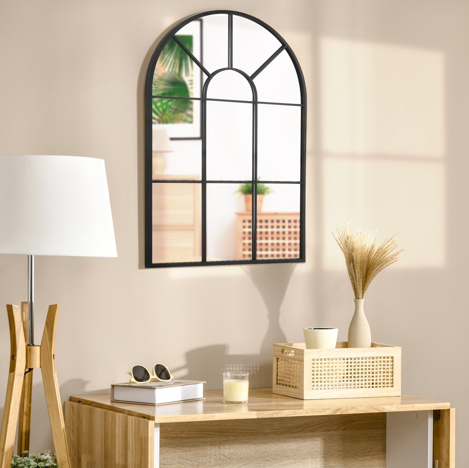HAUSS SPOLE Wandspiegel Boogvormig – 91 x 60 x 2 cm – Metalen Lijst – Zwart – Raamvorm met Roedeverdeling – voor Woonkamer, Slaapkamer en Hal