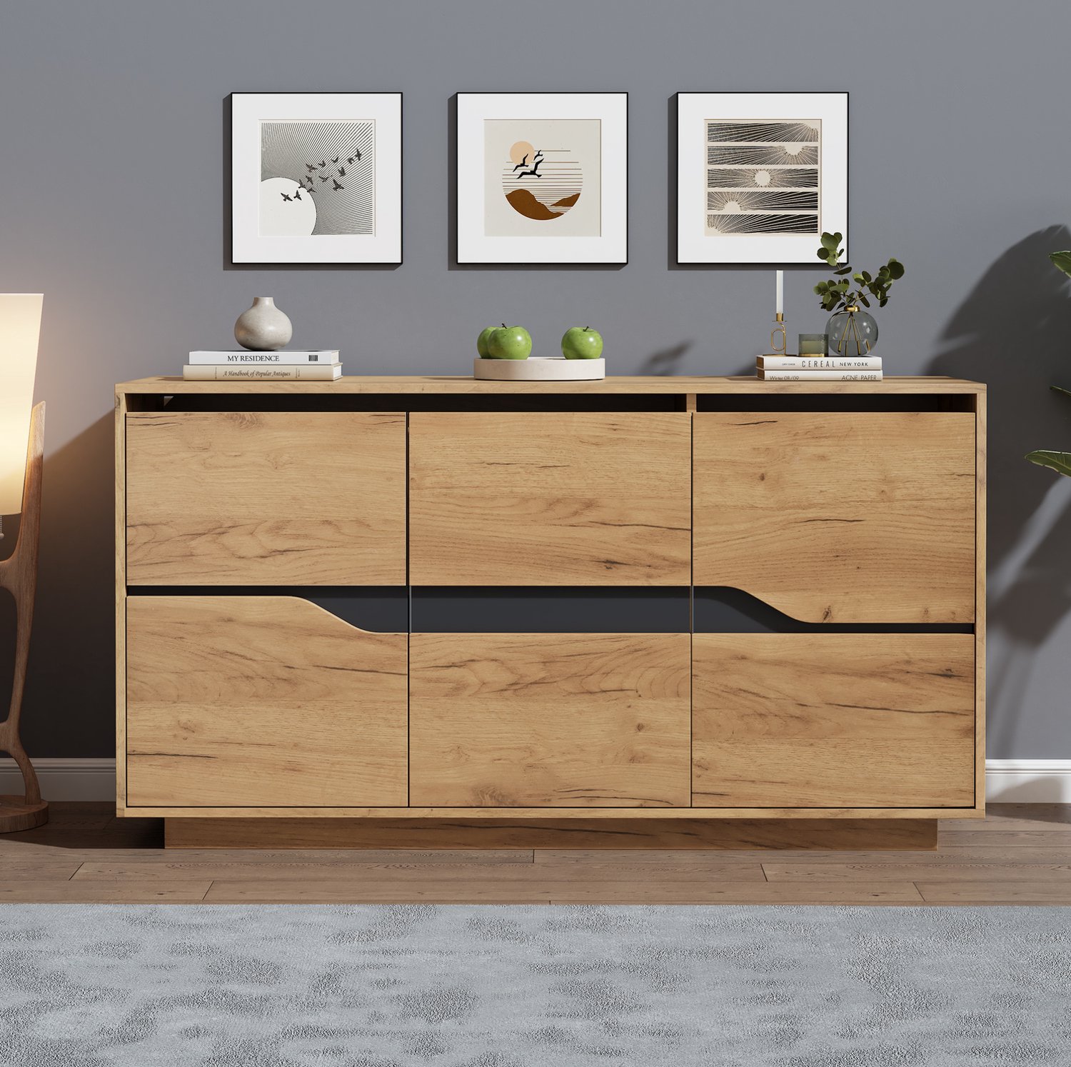 Maisentiel Dressoir met 3 deuren en verstelbare legplanken - 140 x 40 x 70 cm - eiken en zwart Houtkleur
