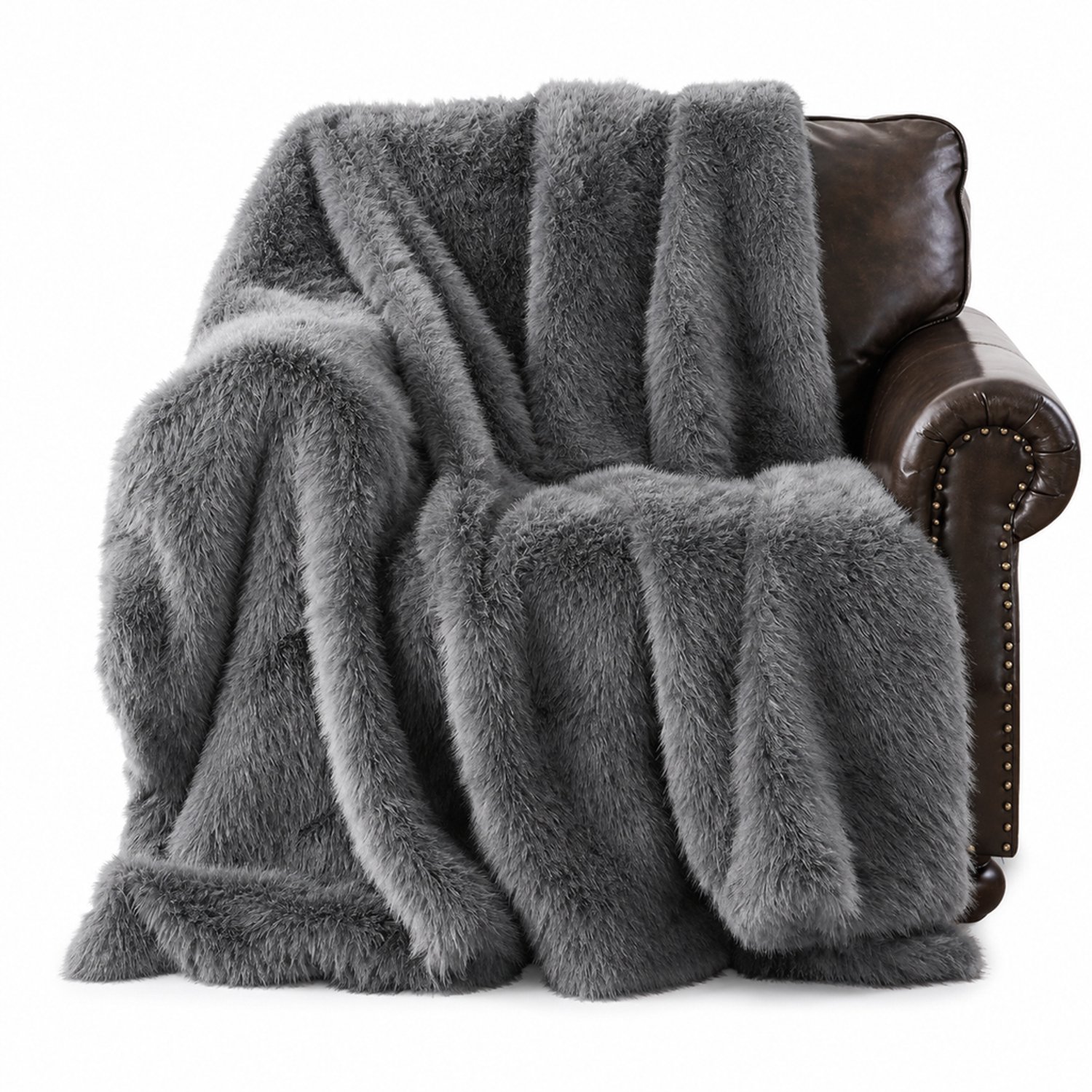 SWGOTA Grijze plaid van imitatiebont 127 x 152 cm - Langharige deken met streeppatroon Grijs