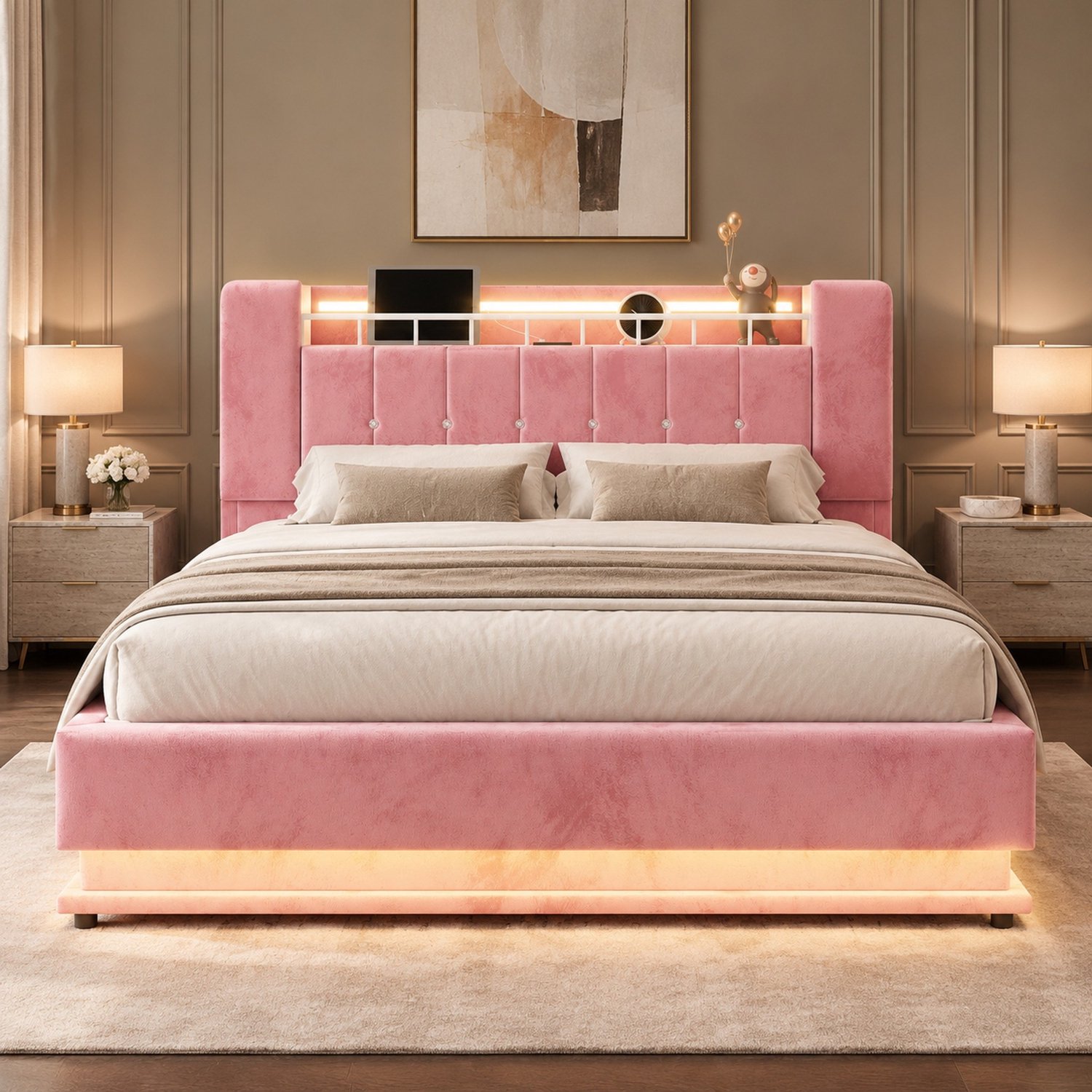 MODFU Gestoffeerd Bed - Hydraulische Opbergruimte - LED En USB - Roze - 160 X 200 Cm