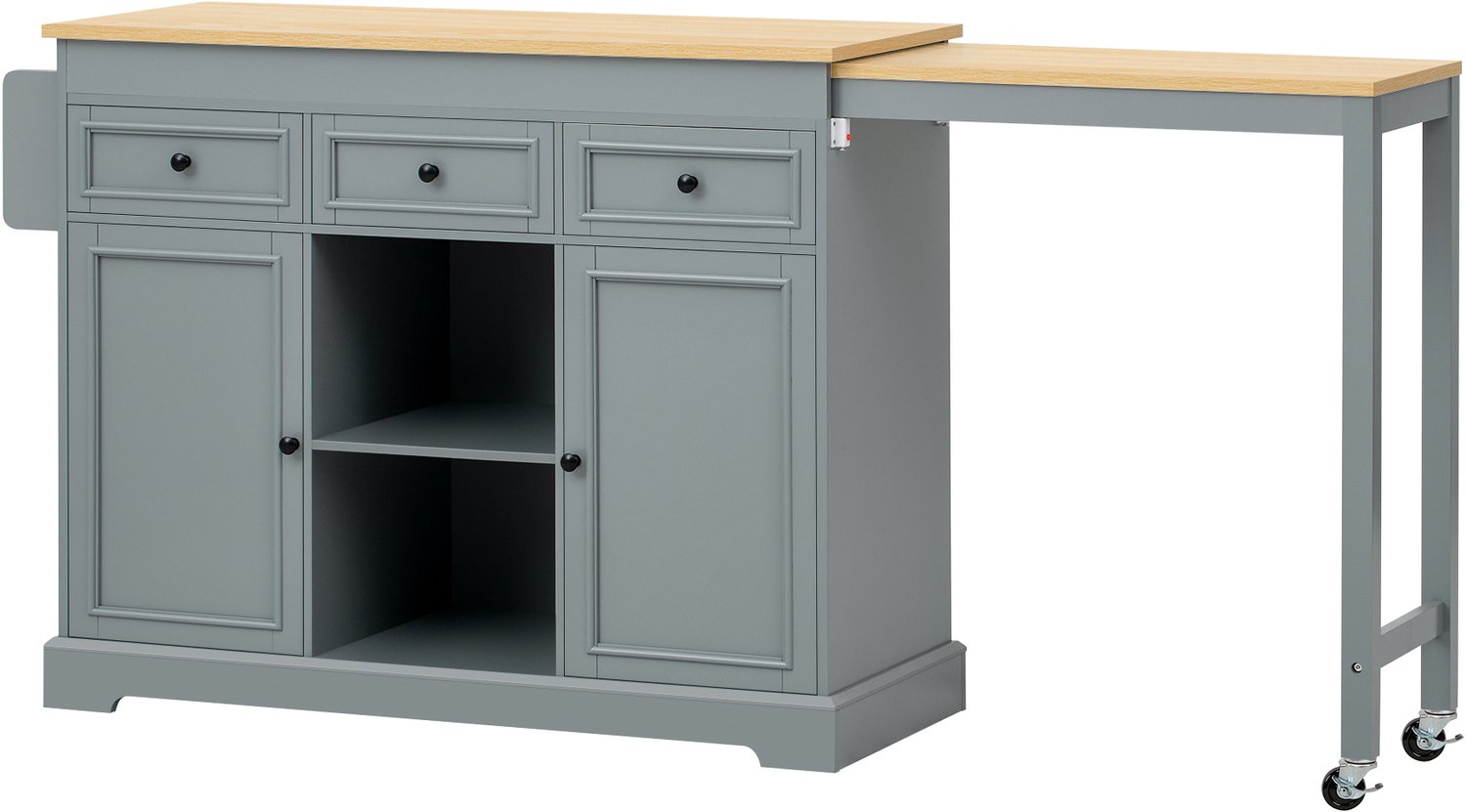 MUVANO Keukeneiland met uitschuifbaar werkblad - Drie lades en kruidenrek - MDF en spaanplaat - 45 cm breed, 92 cm hoog - Voor keuken en eetkamer - Grijs Wit