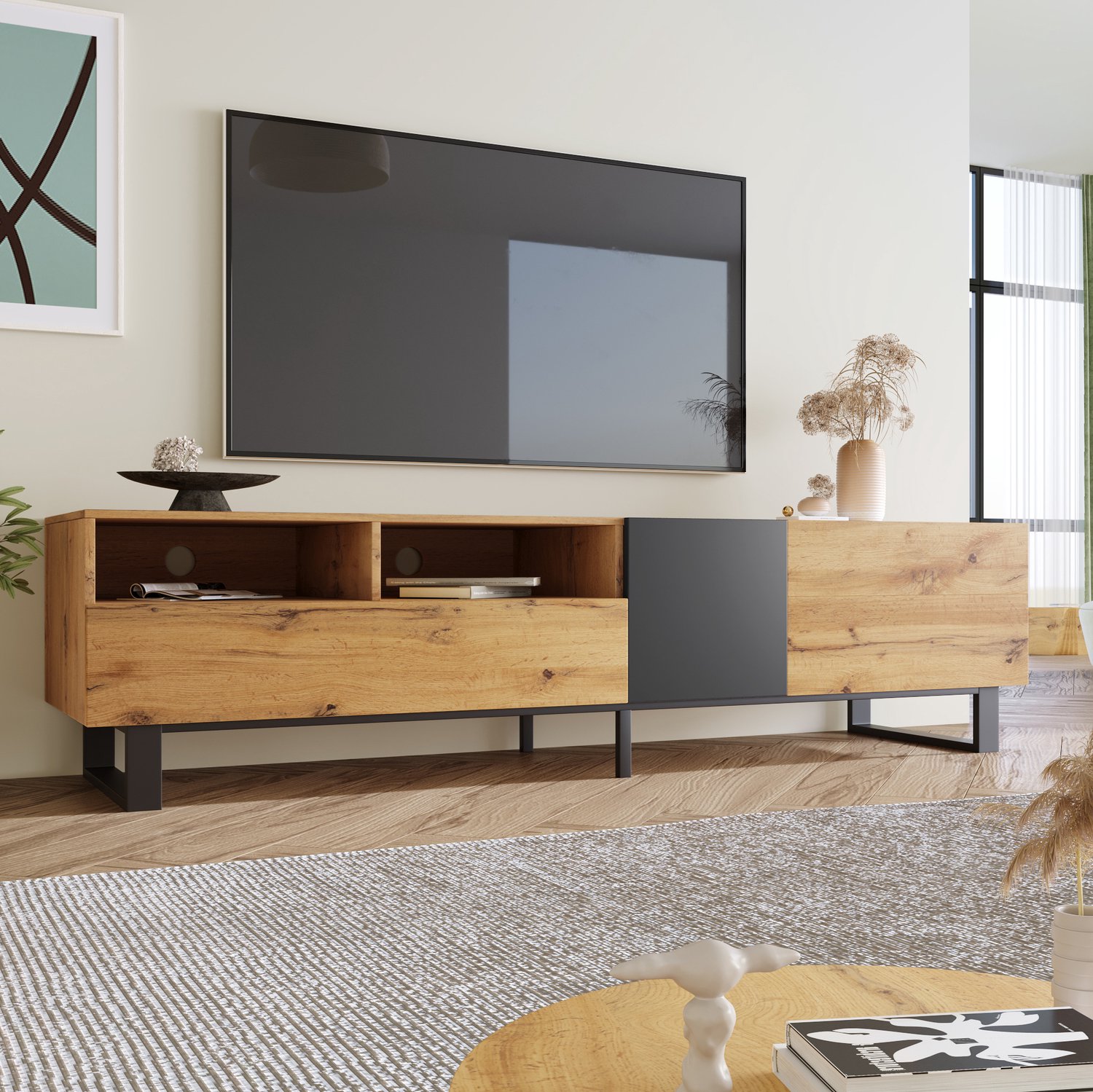 Maisentiel Tv-meubel 180 cm met 2 lades - eikenlook en antraciet Eikenkleur