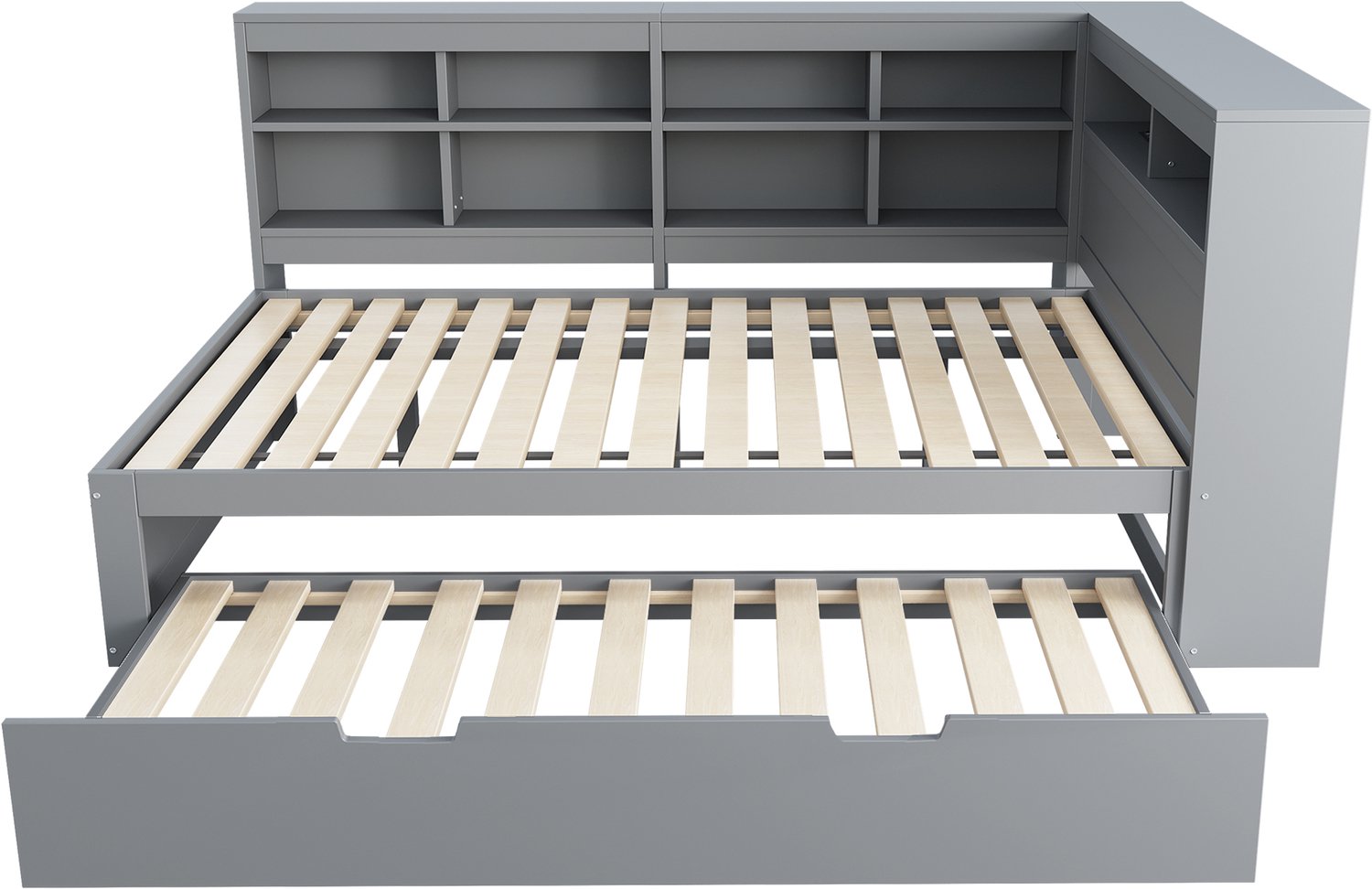 MUVANO Houten slaapbank 140x200 met onderschuifbed 90x190, USB-aansluiting en opbergvakken, grijs