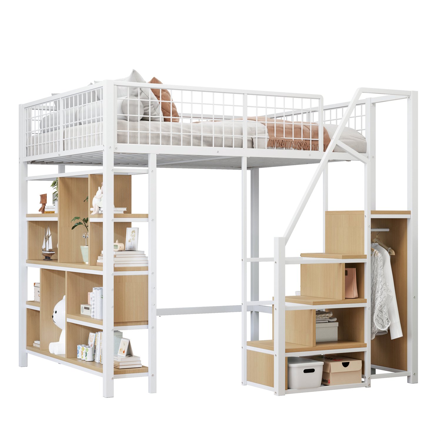 MUVANO Hoogslaper 140x200 met trap - Opbergkast en open vakken - Metaal en hout - Ruimte voor een werkplek - Voor volwassenen en kinderen - Wit