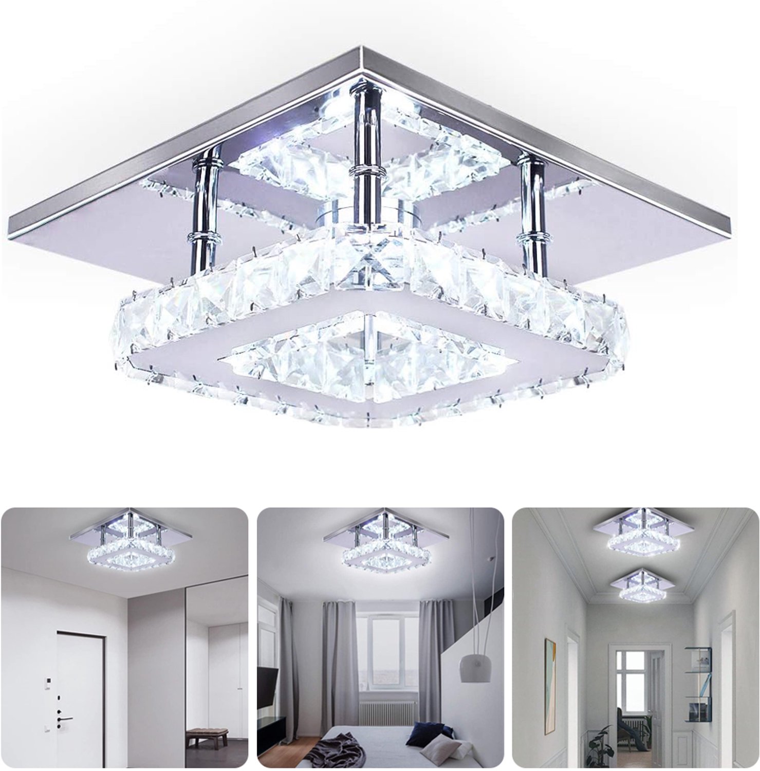 BENALLA 12W Kristallen Vierkante Plafondlamp - LED-Kroonluchter 20*20*9cm - Mini Kristallen Plafondarmatuur - Voor Woonkamer Keuken Wit & Zilver