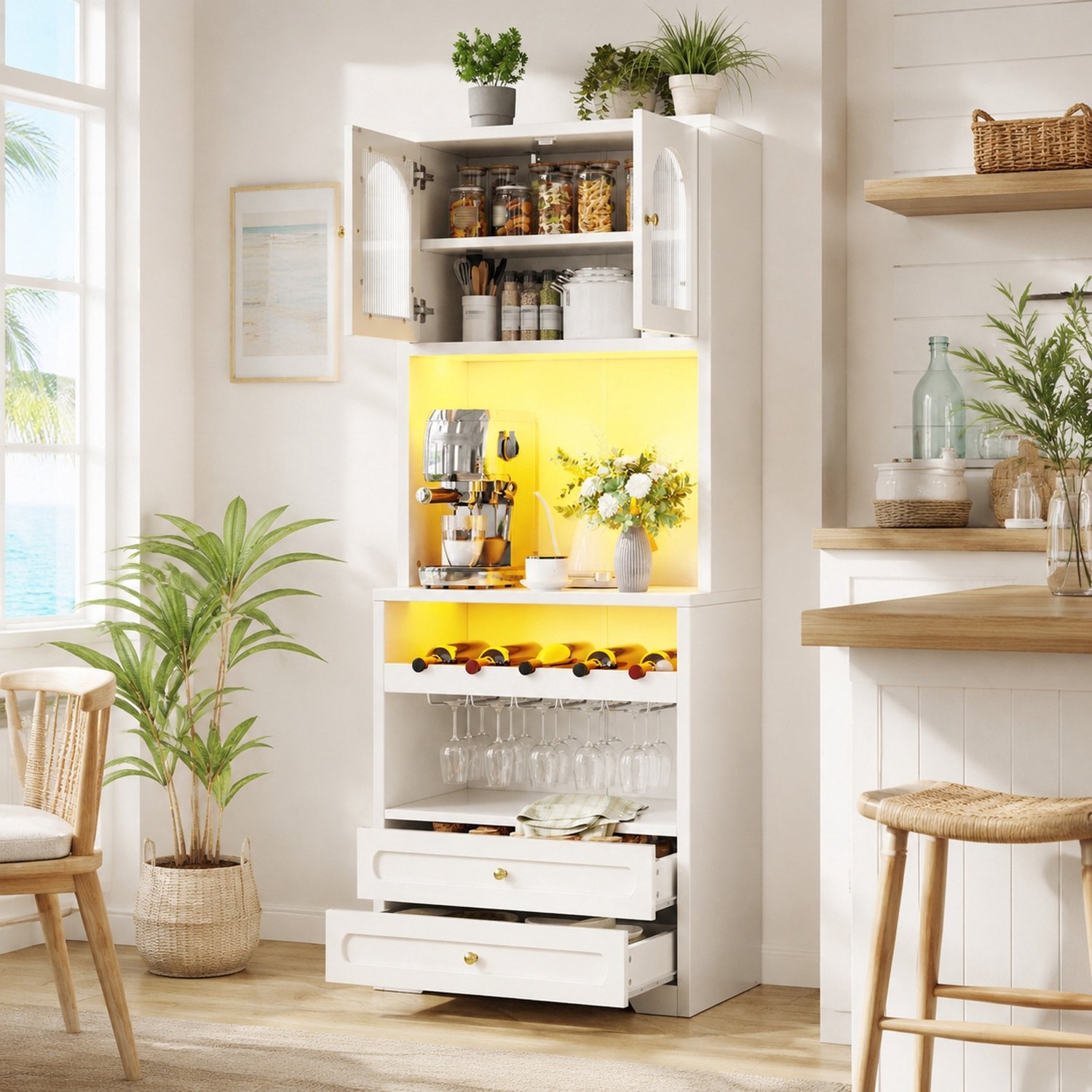 Maisentiel Witte buffetkast met glazen deuren, lades en LED-verlichting - 70 x 40 x 180 cm