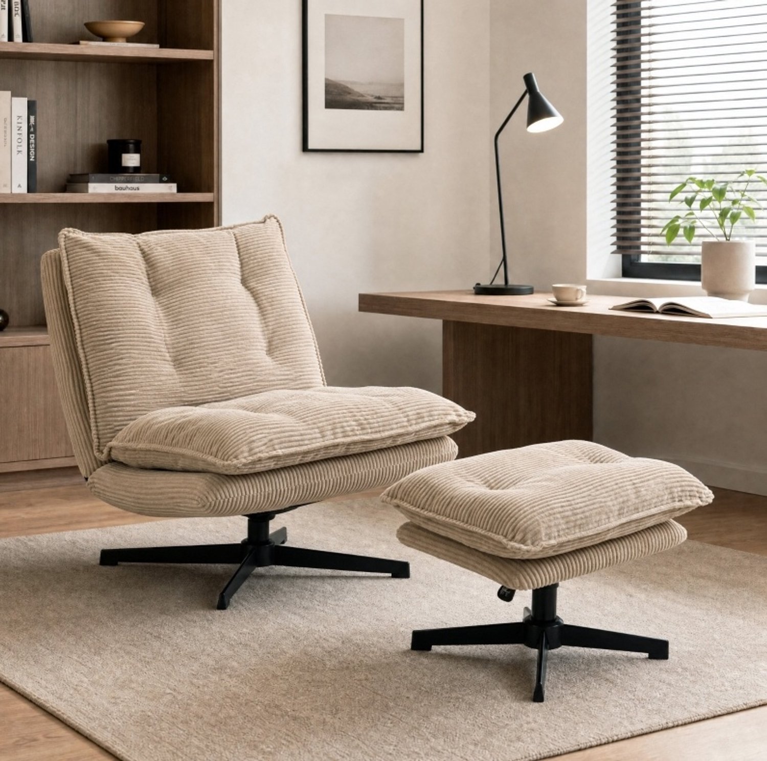 MODENUIT Relaxfauteuil 82 x 74 x 89 cm - 360 Graden Draaibaar met Hocker - voor Lezen - Ribstof - Beige