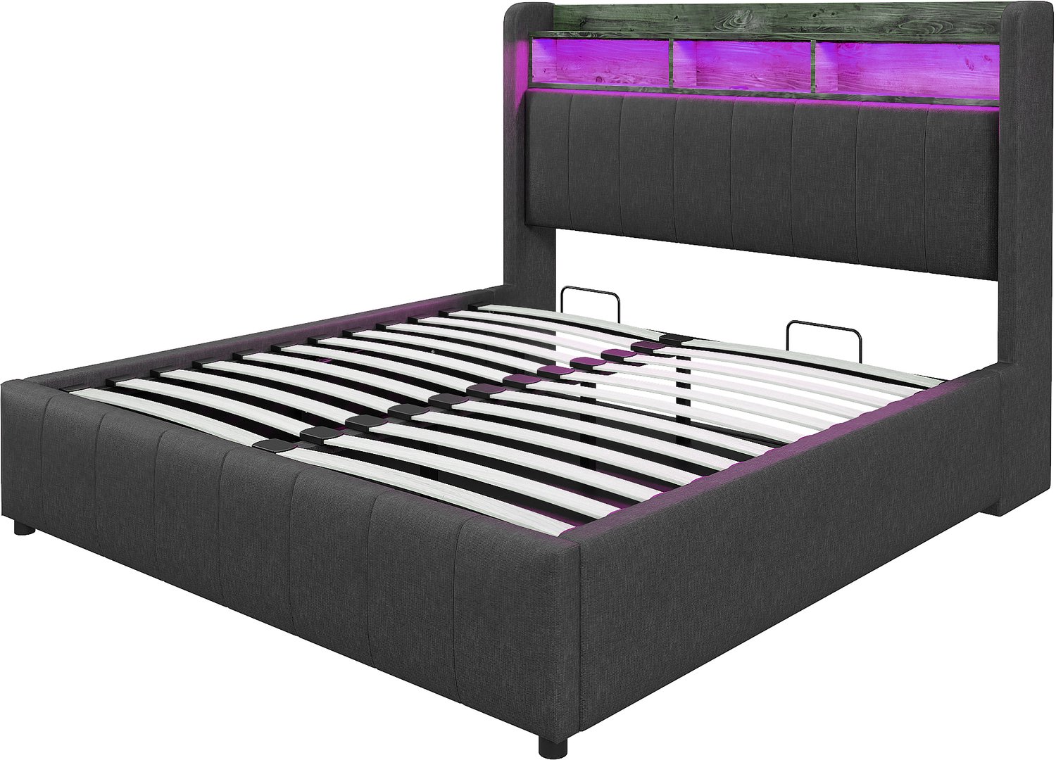MUVANO Gestoffeerd bed 160x200 - Tweepersoonsbed - Opbergruimte met hydraulische lift - Led, USB en USB-C - Linnen bekleding - Voor slaapkamer - Grijs