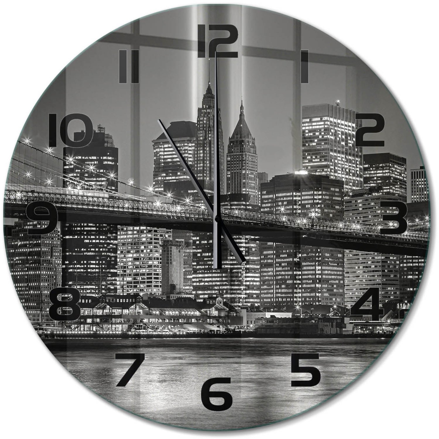 TULUP Wandklok - Manhattan, New York Glazen Klok Met Print - fi60 cm - Zwart-wit Wandklok Glas Met Motief - Zwarte handen - Ronde Klok - Wandklok Glas Decoratie - Gekleurde Glazen Klok