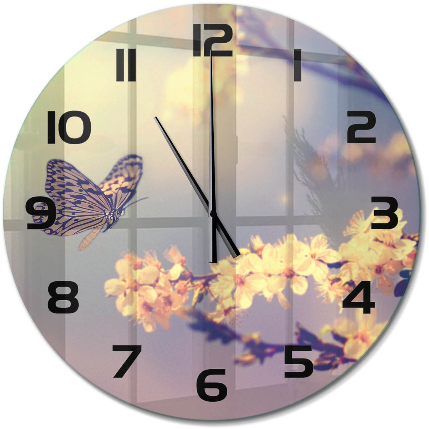 TULUP Wandklok - Kersenbloesem en vlinder Wandklok Glas Decoratie - fi60 cm - Veelkleurig Gekleurde Glazen Klok - Zwarte handen - Ronde Klok - Klok Glas Met Opdruk - Moderne Wandklok Glas