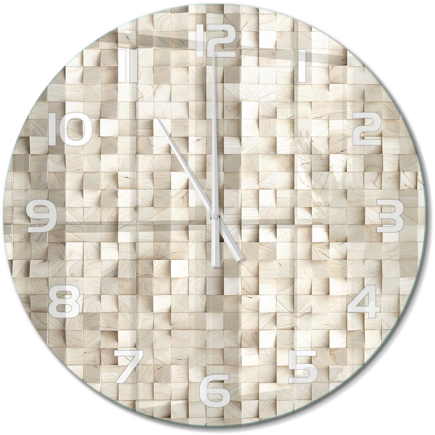 TULUP Wandklok - Houten kubussen Klok Glas Met Opdruk - fi60 cm - Beige Moderne Wandklok Glas - Witte handen - Ronde Klok - Decoratieve Glazen Klok - Glazen Wandklok Design