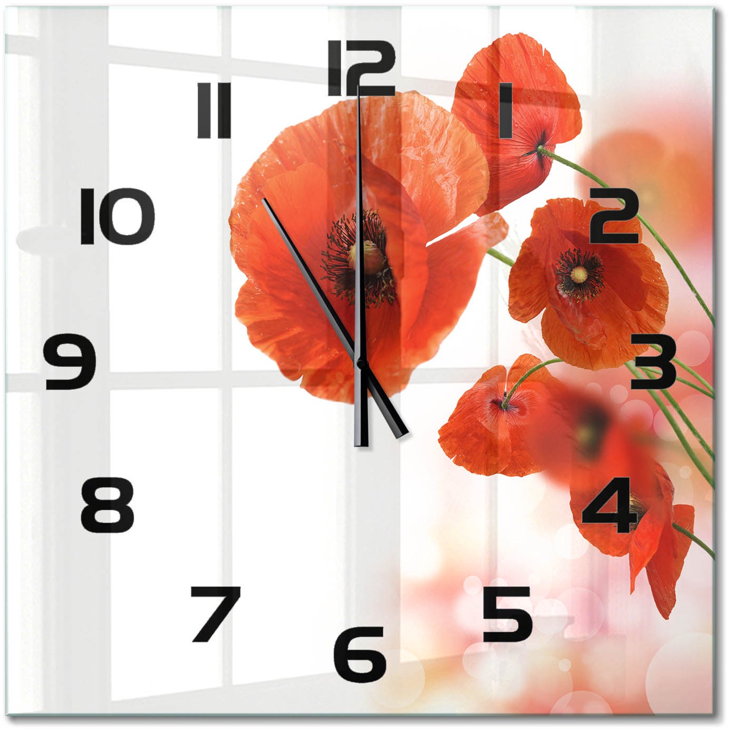 TULUP Wandklok - Klaprozen Decoratieve Glazen Klok - 60x60 cm - Rood Glazen Wandklok Design - Zwarte handen - Vierkante Klok - Glazen Klok Met Print - Wandklok Glas Met Motief