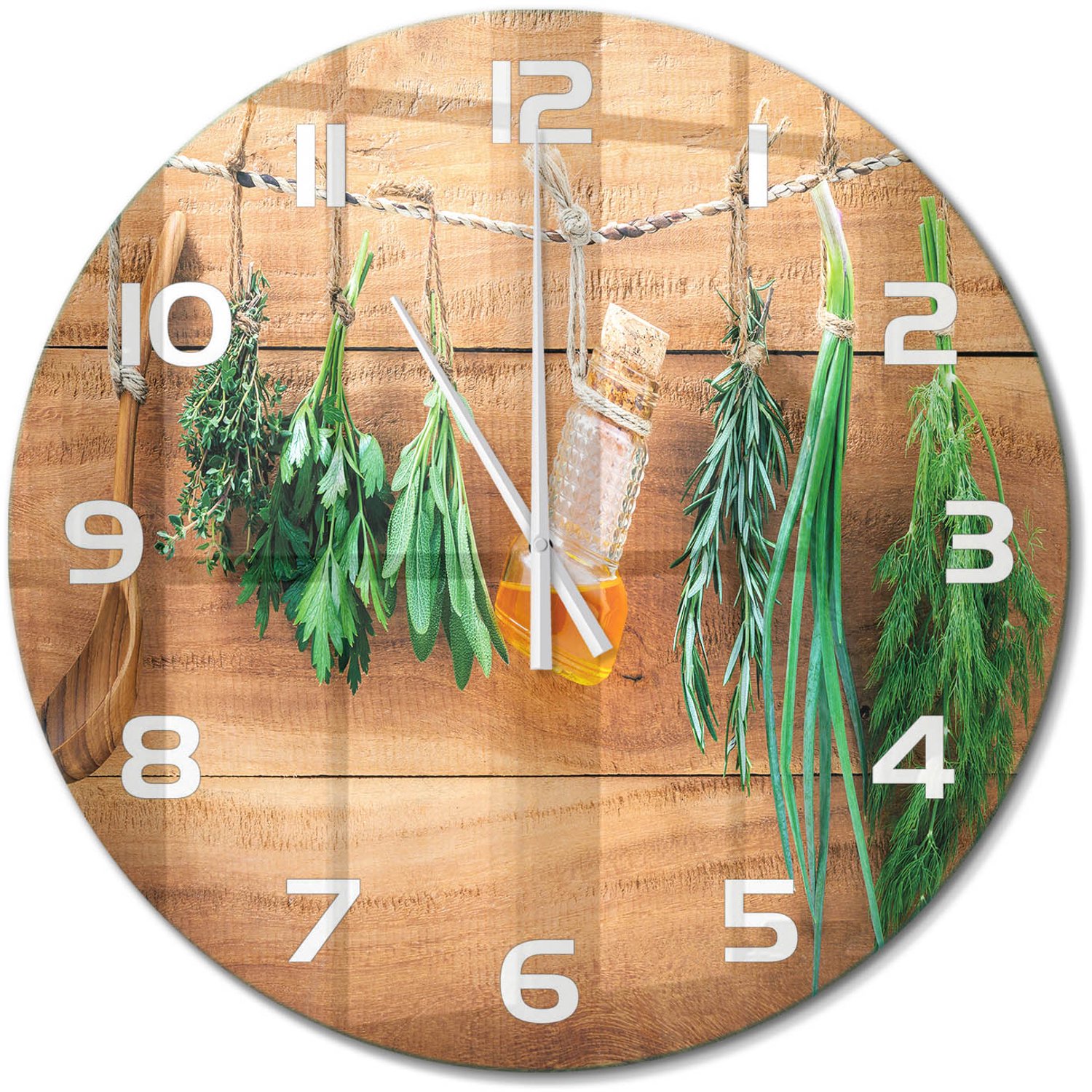 TULUP Wandklok - Kruiden aan een touwtje Decoratieve Glazen Klok - fi60 cm - Groente Glazen Wandklok Design - Witte handen - Ronde Klok - Glazen Klok Met Print - Wandklok Glas Met Motief