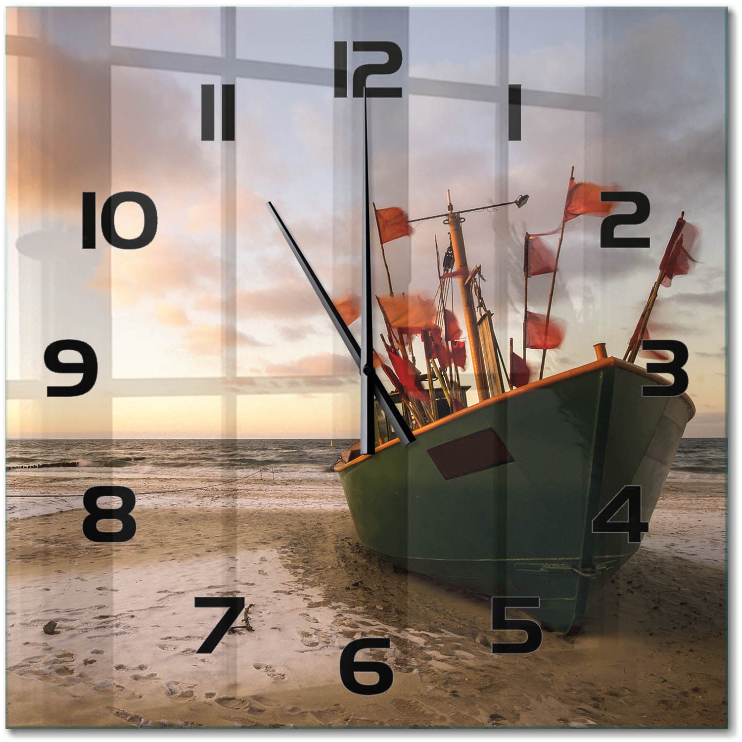 TULUP Wandklok - Strand met vissersboten Glazen Wandklok Design - 60x60 cm - Groente Klok Glas Met Opdruk - Zwarte handen - Vierkante Klok - Wandklok Glas Met Motief - Decoratieve Glazen Klok