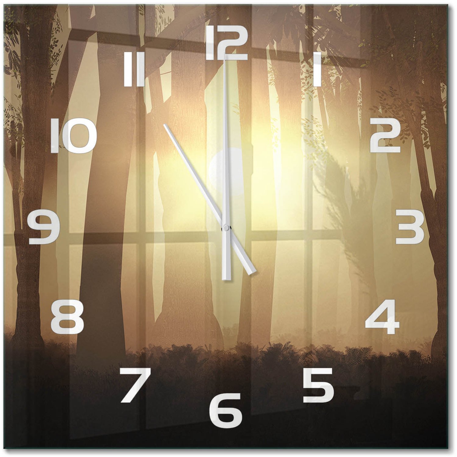 TULUP Wandklok - Mist in het bos Gekleurde Glazen Klok - 60x60 cm - Bruin Glazen Klok Met Print - Witte handen - Vierkante Klok - Moderne Wandklok Glas - Wandklok Glas Decoratie