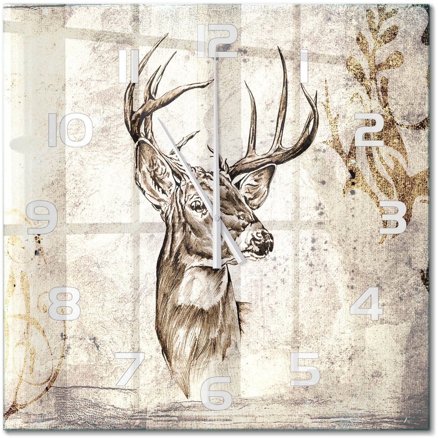TULUP Wandklok - Hert Glazen Klok Met Print - 60x60 cm - Beige Wandklok Glas Met Motief - Witte handen - Vierkante Klok - Wandklok Glas Decoratie - Gekleurde Glazen Klok