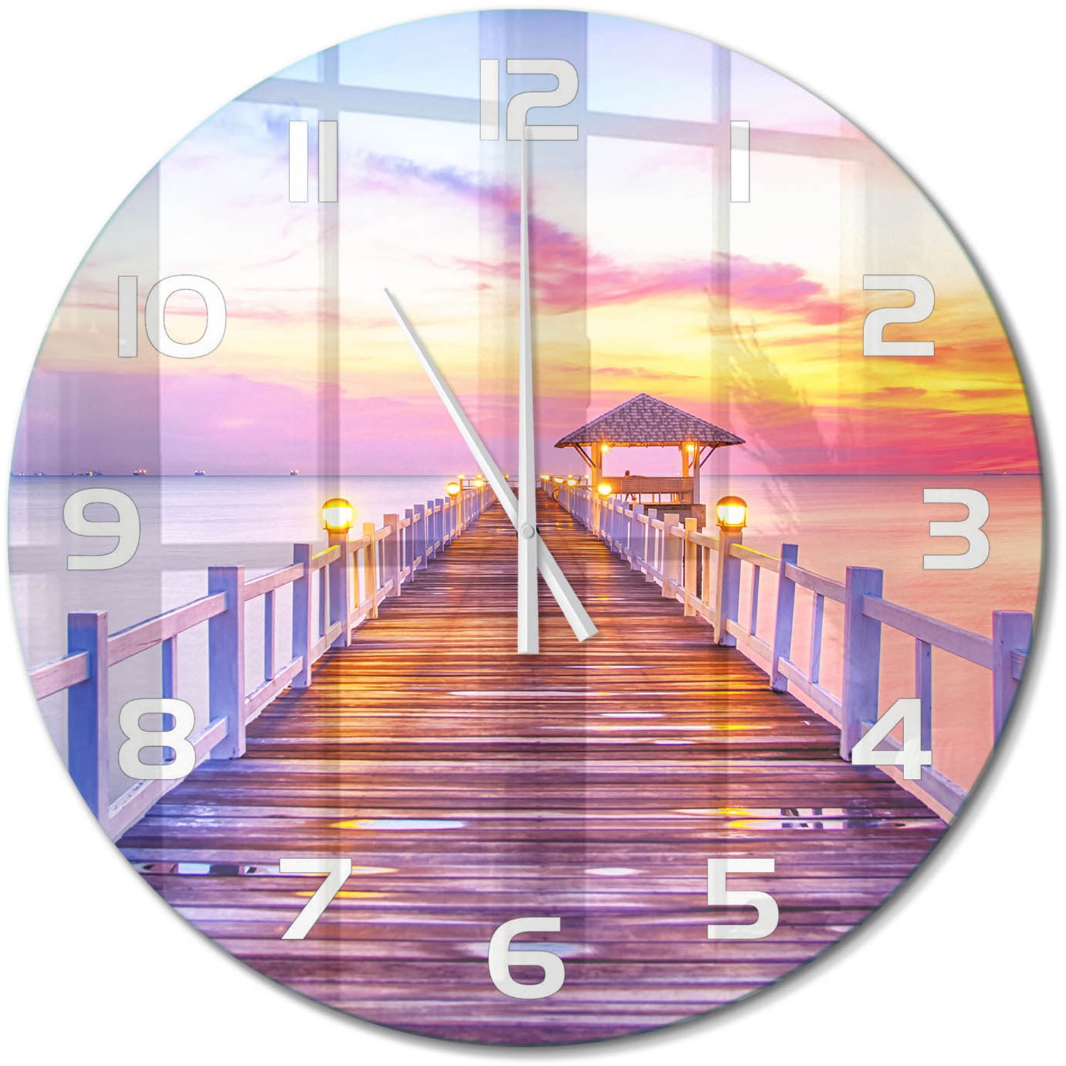 TULUP Wandklok - Houten brug Gekleurde Glazen Klok - fi60 cm - Oranje Glazen Klok Met Print - Witte handen - Ronde Klok - Moderne Wandklok Glas - Wandklok Glas Decoratie
