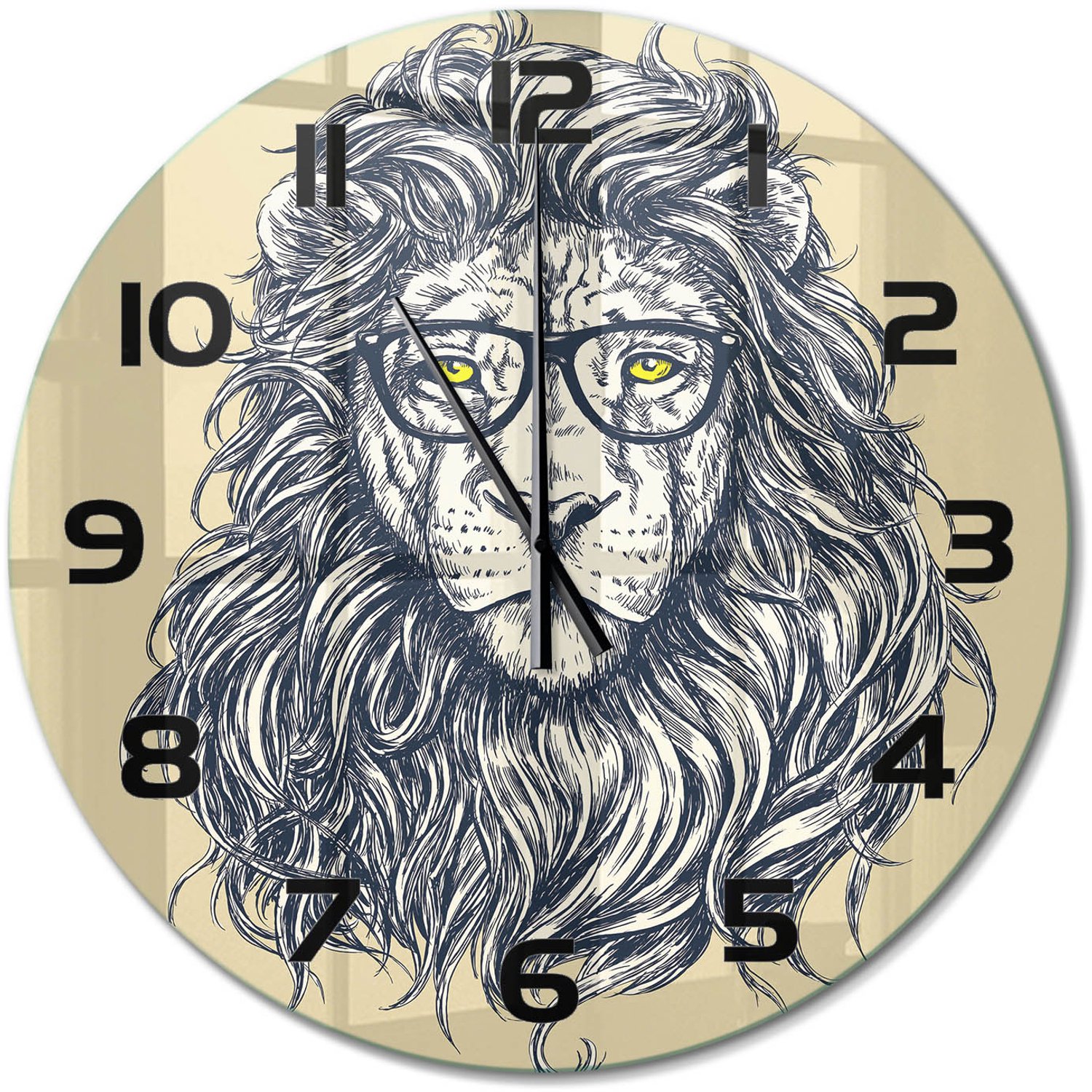 TULUP Wandklok - Hipster Leeuw Gekleurde Glazen Klok - fi60 cm - Beige Glazen Klok Met Print - Zwarte handen - Ronde Klok - Moderne Wandklok Glas - Wandklok Glas Decoratie