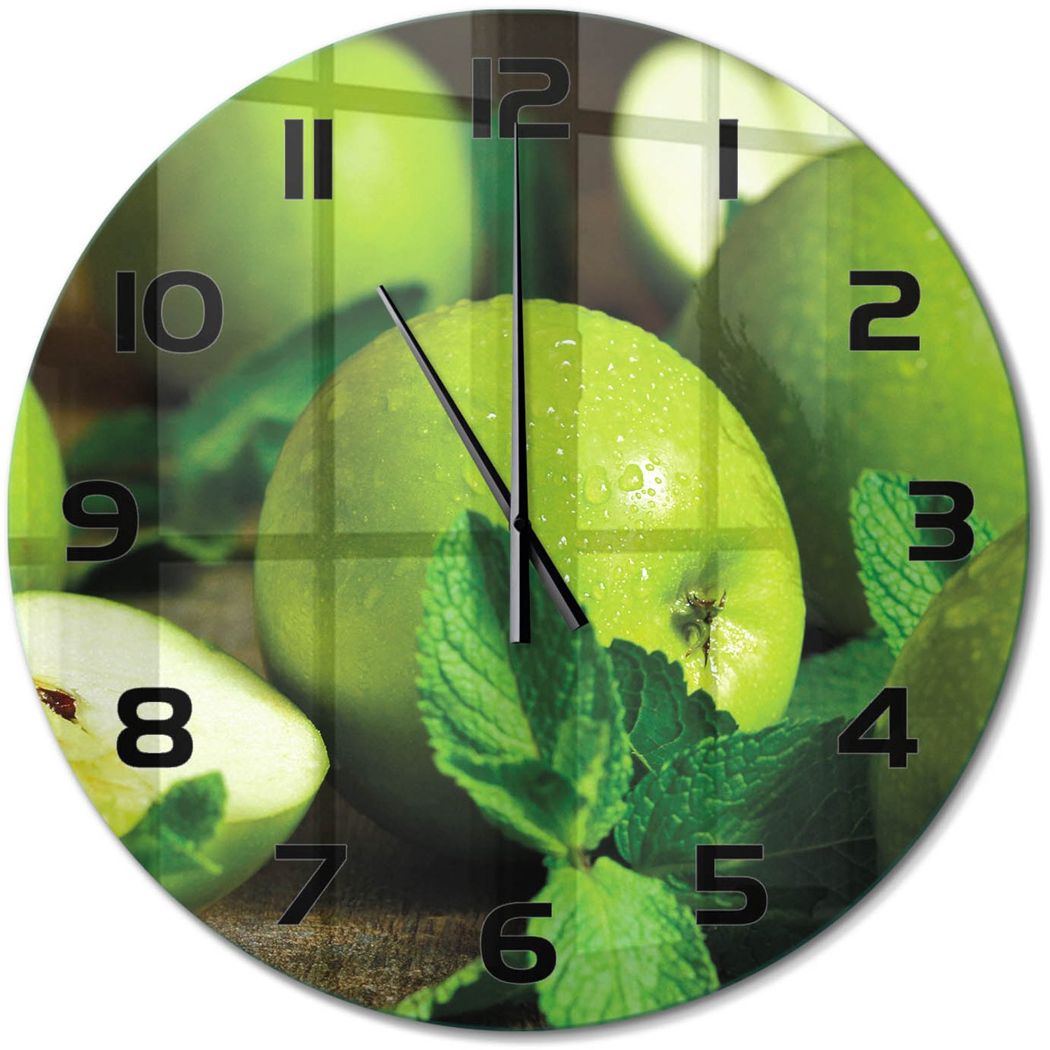 TULUP Wandklok - Groene appels Gekleurde Glazen Klok - fi60 cm - Groente Glazen Klok Met Print - Zwarte handen - Ronde Klok - Moderne Wandklok Glas - Wandklok Glas Decoratie