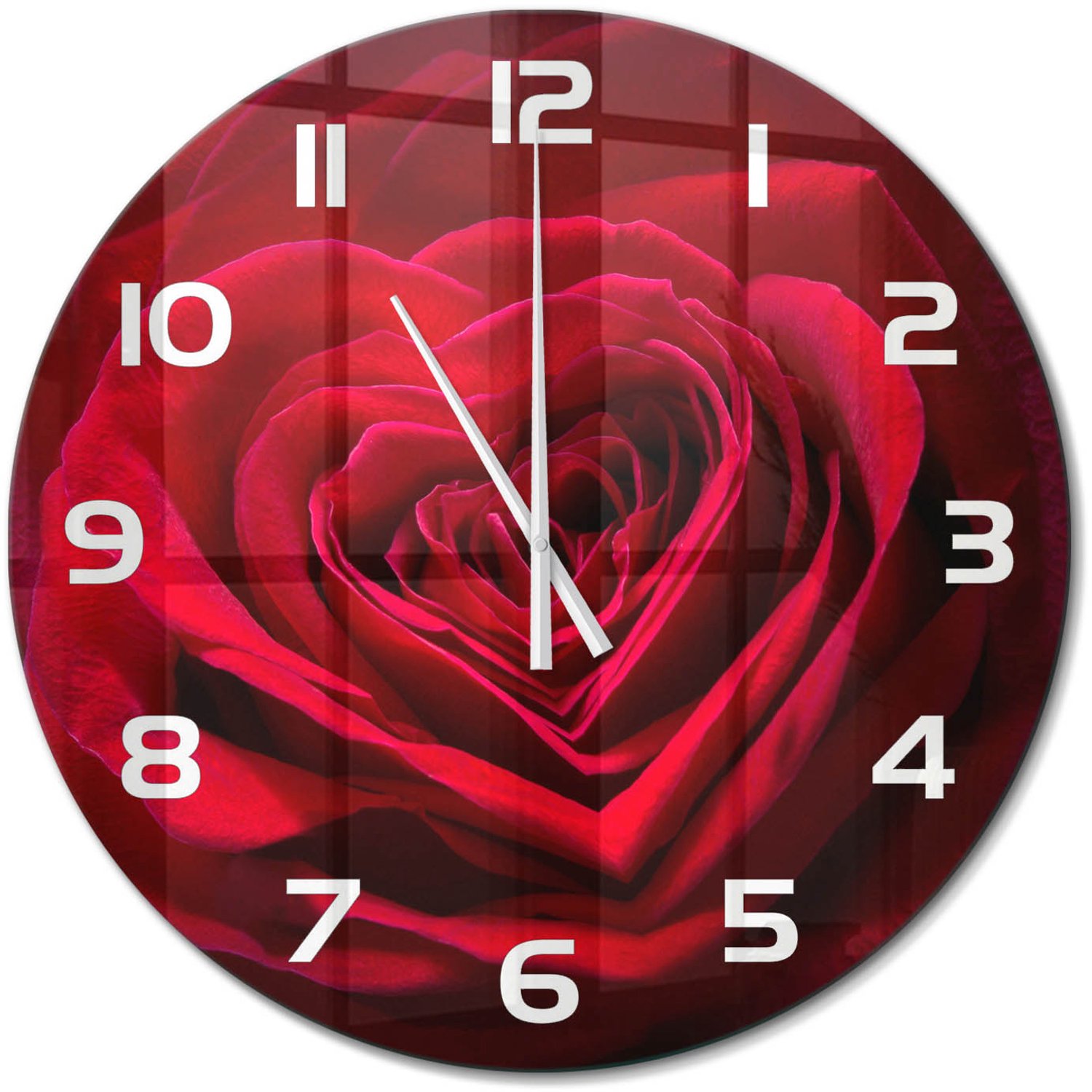 TULUP Wandklok - Rode rozenhart Wandklok Glas Met Motief - fi60 cm - Rood Decoratieve Glazen Klok - Witte handen - Ronde Klok - Gekleurde Glazen Klok - Glazen Klok Met Print