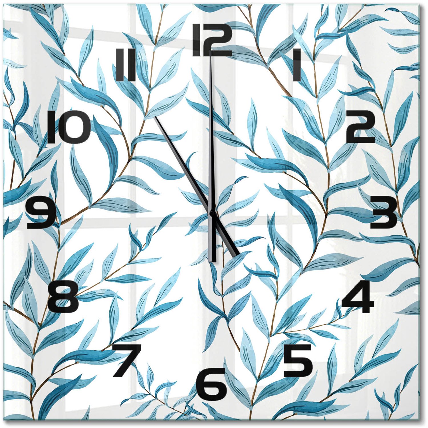 TULUP Wandklok - Bladeren Klok Glas Met Opdruk - 60x60 cm - Blauw Moderne Wandklok Glas - Zwarte handen - Vierkante Klok - Decoratieve Glazen Klok - Glazen Wandklok Design