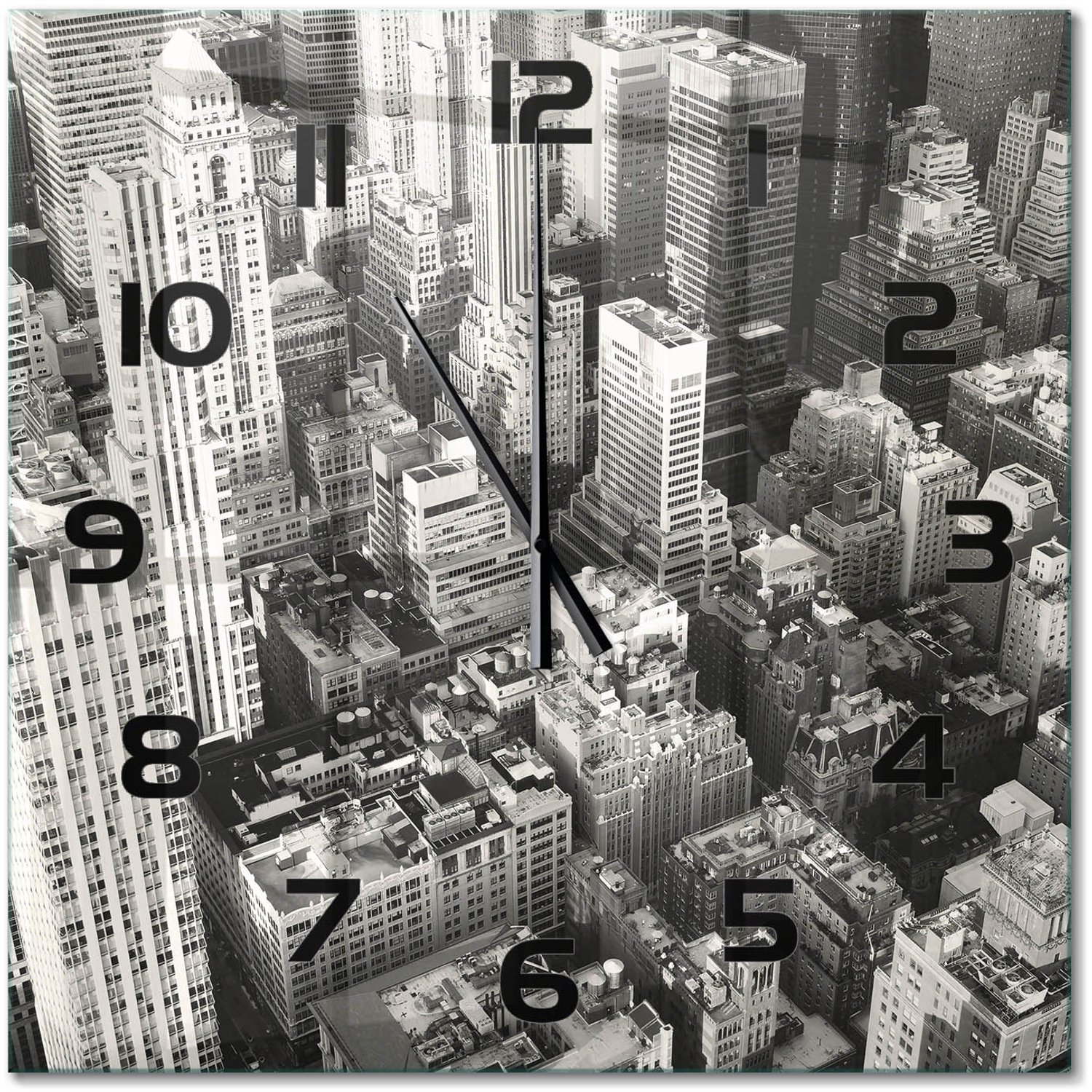TULUP Wandklok - Vogelsvlucht in New York Decoratieve Glazen Klok - 60x60 cm - Zwart-wit Glazen Wandklok Design - Zwarte handen - Vierkante Klok - Glazen Klok Met Print - Wandklok Glas Met Motief