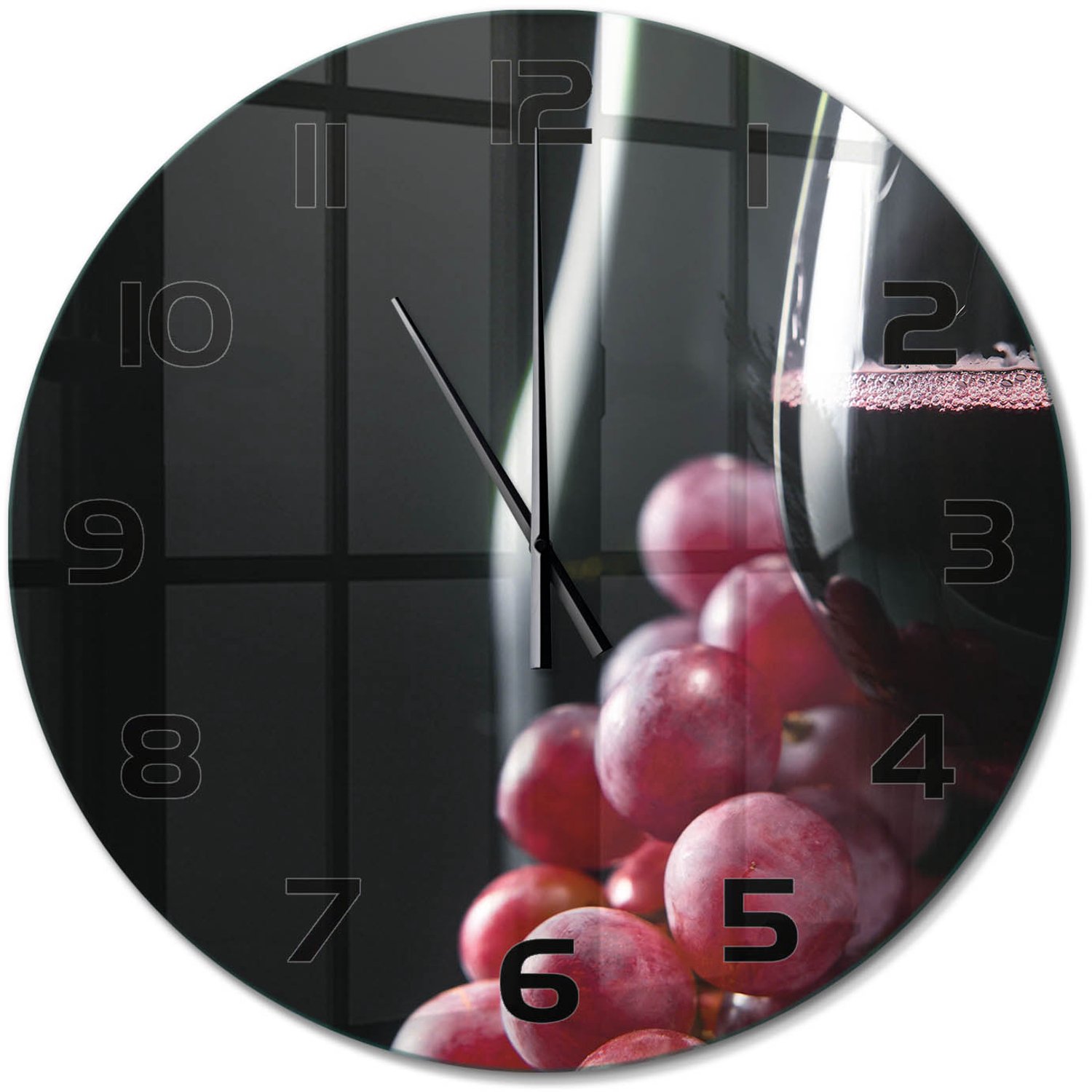 TULUP Wandklok - Druiven en wijn Klok Glas Met Opdruk - fi60 cm - Rood Moderne Wandklok Glas - Zwarte handen - Ronde Klok - Decoratieve Glazen Klok - Glazen Wandklok Design
