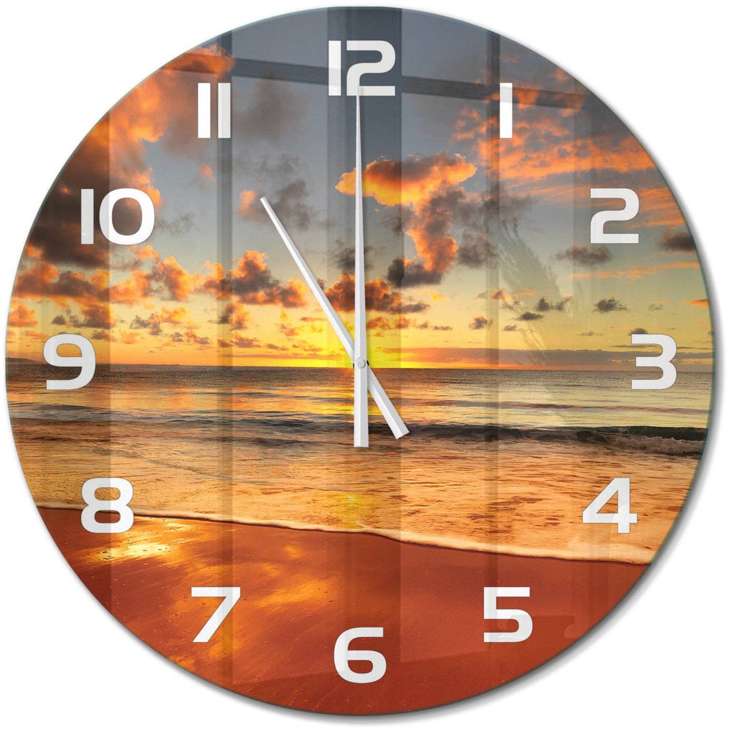 TULUP Wandklok - Australisch strand Wandklok Glas Met Motief - fi60 cm - Oranje Decoratieve Glazen Klok - Witte handen - Ronde Klok - Gekleurde Glazen Klok - Glazen Klok Met Print